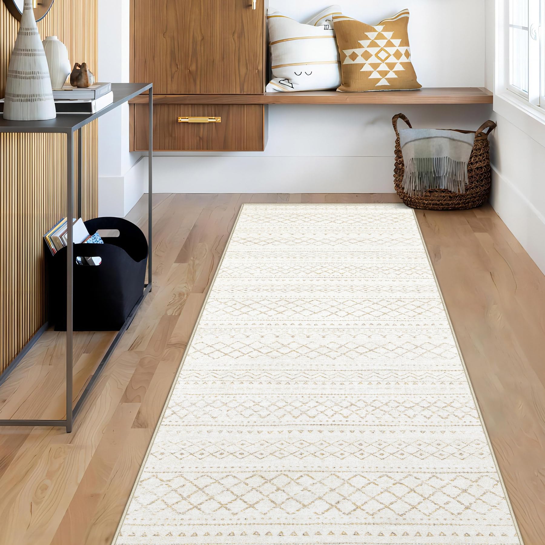 Runner Rug 2x5 Boho Geometric Area Rugs: Small Washable Kitchen Rug, Soft Non Slip Moroccan Long Hallway Rugs for Bedroom Bathroom Laundry Entryway Staircase Foyer(Beige,2X5)