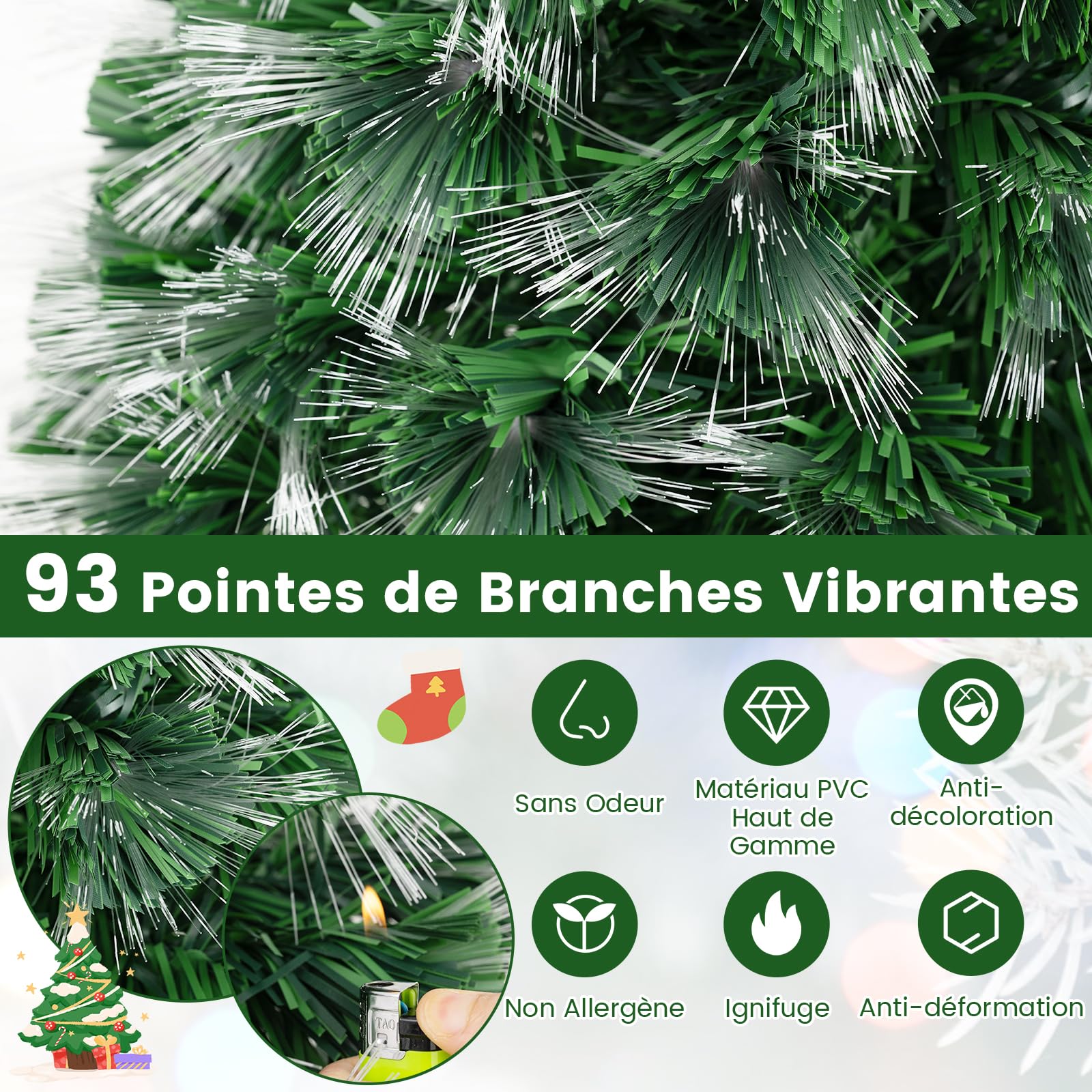 COSTWAY Sapin de Noël à Fibre Optique 95 CM, Sapin Artificiel Pré-éclairé avec 93 Branches, Étoile de Sommet & Pied Métallique Pliable, Arbre Lumineux pour Fêtes de Maison, Bureau, Carnaval
