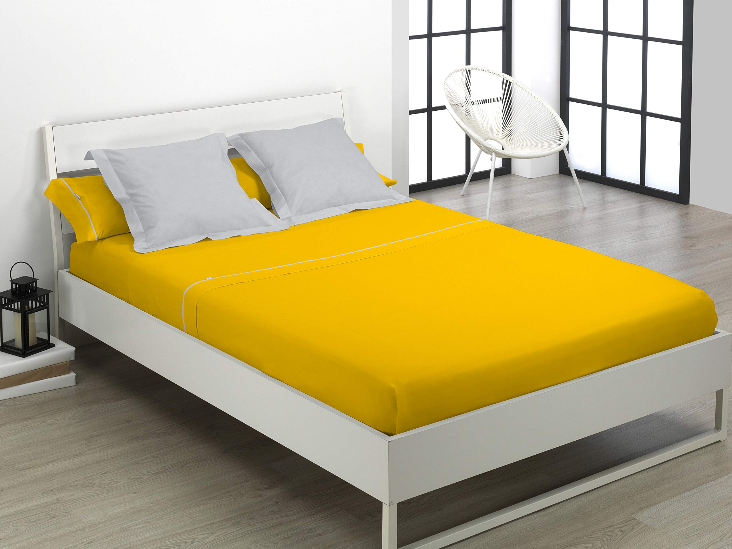Juego de sábanas liso color mostaza - Cama de 180 (4 piezas) - 50% algodón / 50% poliéster - 144 hilos. Gramage: 115