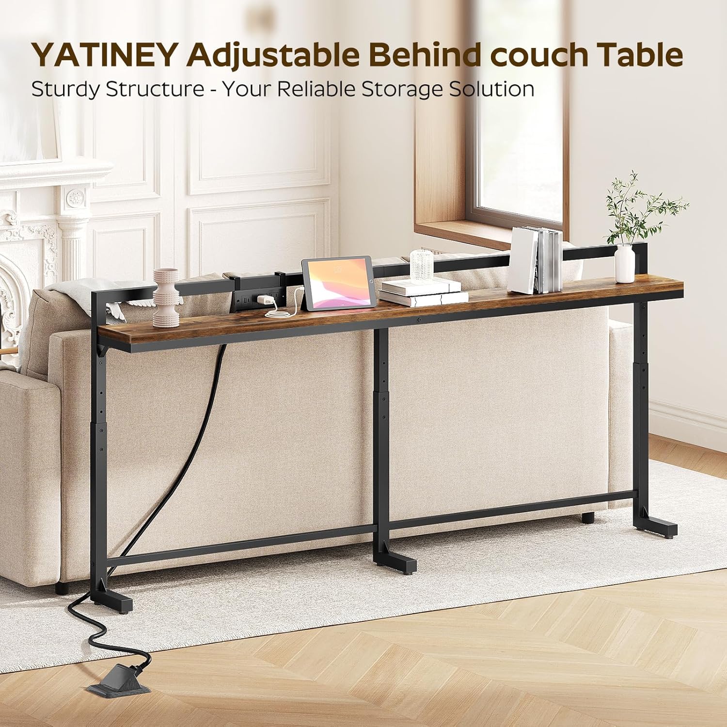70.9'' Narrow Console Table with Adjustable Height (27.6''-35.4''), Behind Couch Table Skinny with Outlet, Long Entryway Table, Couch Table Behind Sofa for Living Room, Rustic Brown CT21UBR