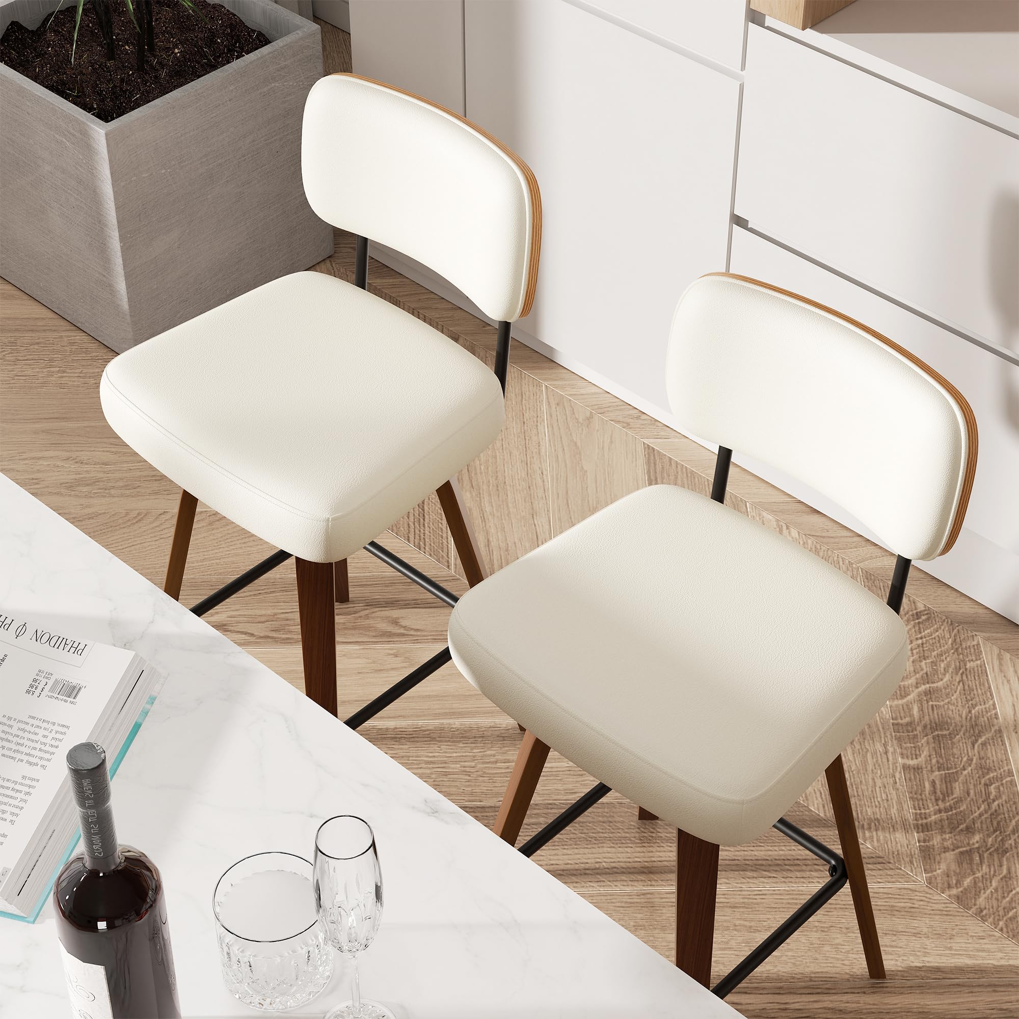 360°Drehbarer Barhocker 2er Set, PU Barhocker 65cm Sitzhöhe mit Holzbeinen, Mid-Century-Design Bar hocker mit 4 Beinen und Lehne, Barstühle Küchenhocker für Küche und Bar,Weiß