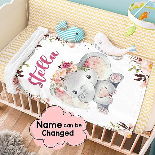 Miniatura 3 de J&SBGFT Manta personalizada para bebé niña, manta de bebé personalizada, manta de envoltura con nombre de niña, mantas de recepción de elefante,