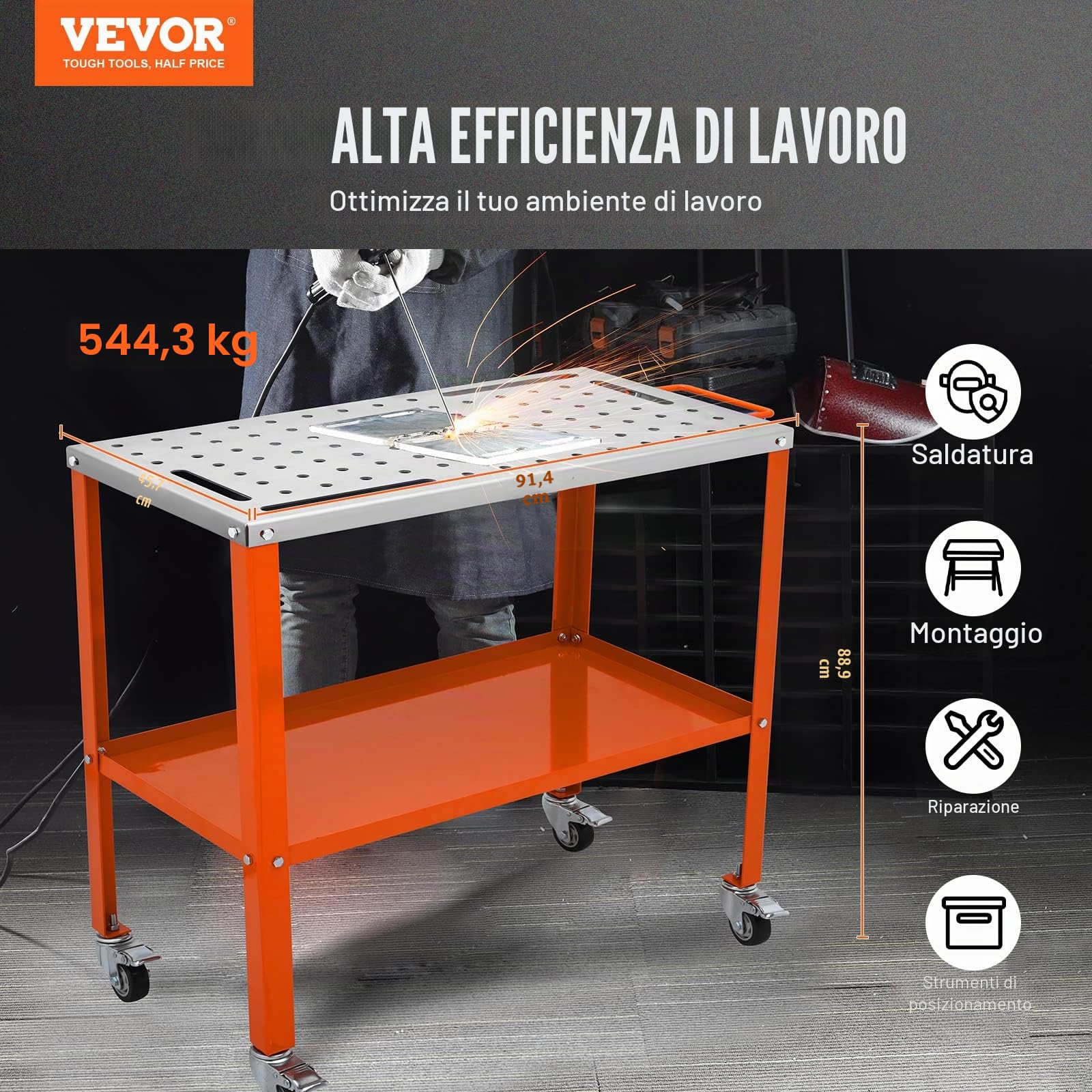 VEVOR Tavolo da Saldatura Lavoro Saldatore in Acciaio al Carbonio Capacità Carico Max. 544kg, Banco di Lavoro per Saldatura 91,4 x 45,7 cm da Officina Garage, Tavolo da Saldatura 94 Fori Portautensili