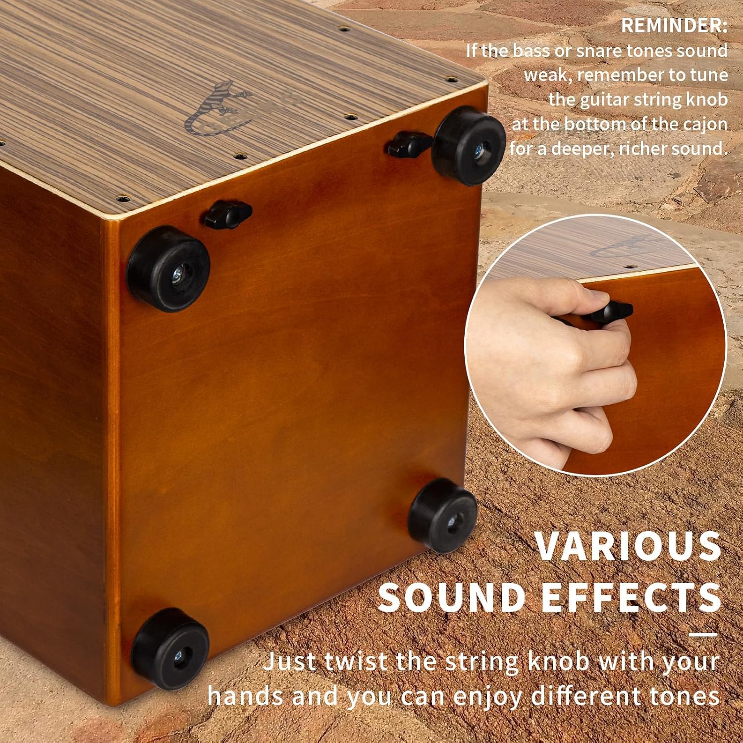GECKO Cajon Drum Box mit werkzeuglos einstellbaren Gitarrensaiten, Snare- und Basstönen | 32cm kompaktes Schlaginstrument für Anfänger und Profis (CM65Z)