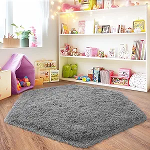 4x4.6 Feet Grey Hexagon Rugs for Bedroom, Ultra Soft Fluffy Hexagon Area Rug for Kids Room, Cute Shag Rugs for Boys Girls Room, Fuzzy Plush Carpet for Tent Castle Home Decor