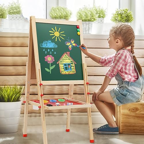 Miniatura 7 de Caballete artístico de madera para niños, caballete de doble cara para niños con pizarra blanca y pizarra, caballete de pie ajustable en altura con
