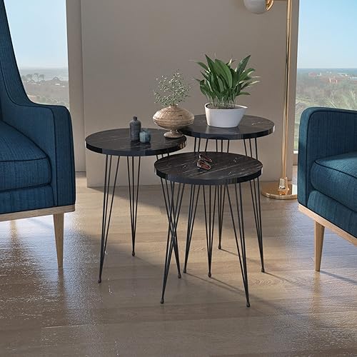 Miniatura 4 de PAK HOME Juego de 3 mesas auxiliares anidables, redondas de madera, apilables, mesa de sofá con patas de metal para sala de estar, oficina en casa,