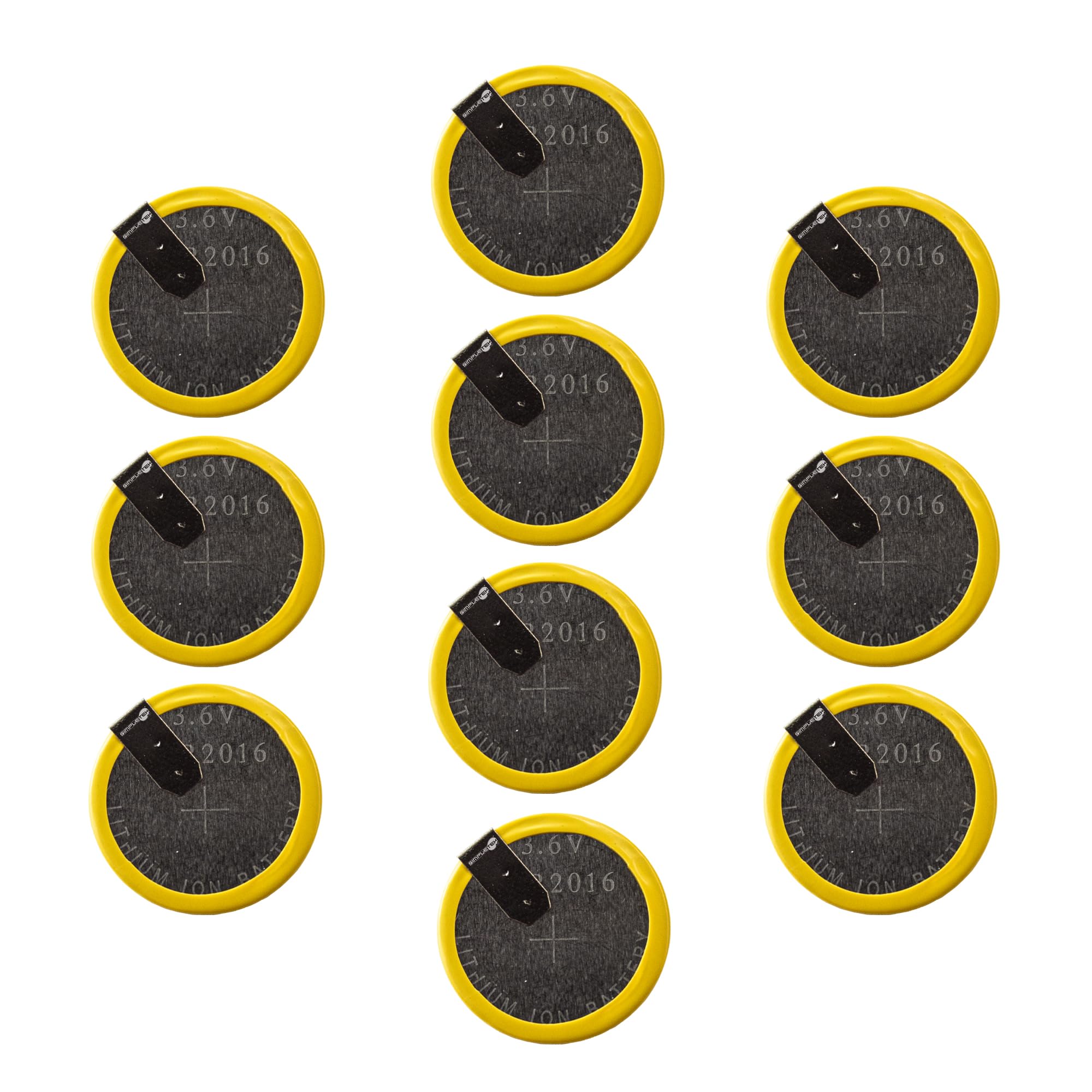 SIMPLETEK - 10 piles rechargeables LIR2016 Li-Ion bouton à souder avec connecteurs à 90° 3.6V anglés (10 pièces)