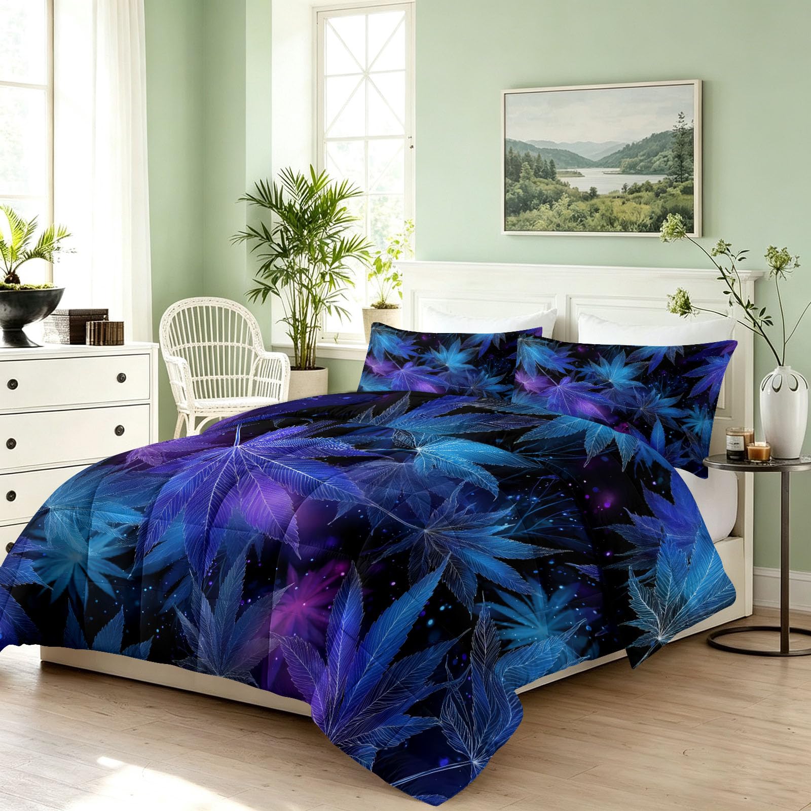 Générique Fantastico Misterioso Trapunta Cielo stellato Foglie Neon Trapunta Senza Fodera 140x200 cm 4 Stagioni Cooling, Trapuntato Morbido, Lavabile con 2 federe