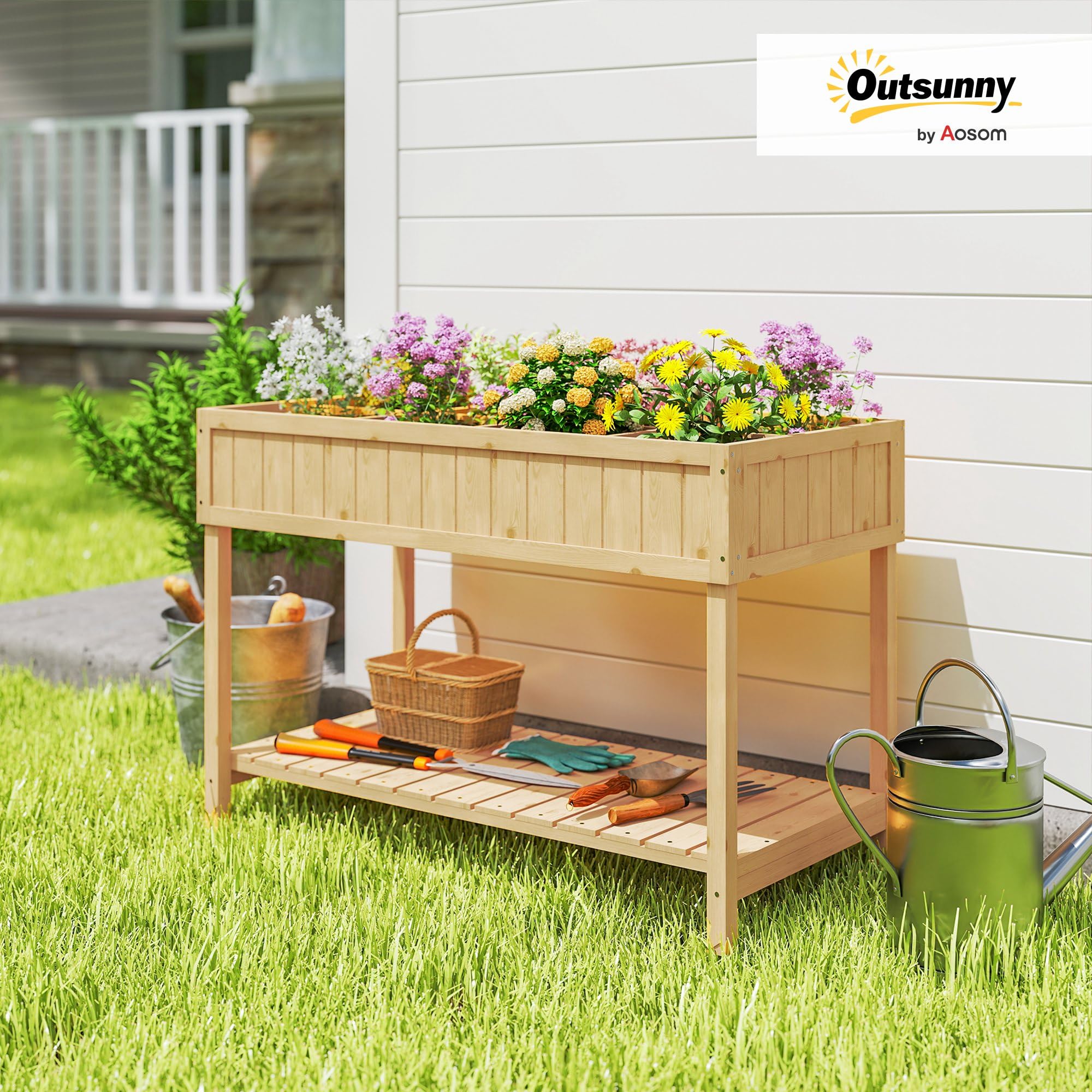 Outsunny Jardinière sur Pieds carré Potager avec étagère dim. 110L x 46l x 76H cm 8 Compartiments & Inserts d'irrigation Bois de Sapin