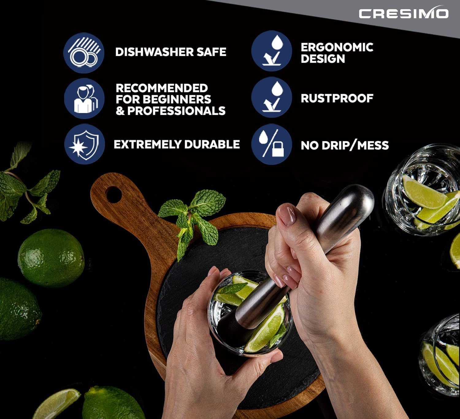 Exclusive Discount 🔥 10 inch Stainless Steel Cocktail Muddler and Mixing Spoon with Cocktail Recipes Book - Professional Home Bar Muddler Set for Creating Mojitos, Margaritas, Mint & Fruit Based Drinks - Cresimo Free Shipping Offer 10 inch Stainless Steel Cocktail Muddler and Mixing Spoon with Cocktail Recipes Book - Professional Home Bar Muddler Set for Creating Mojitos, Margaritas, Mint & Fruit Based Drinks - Cresimo
