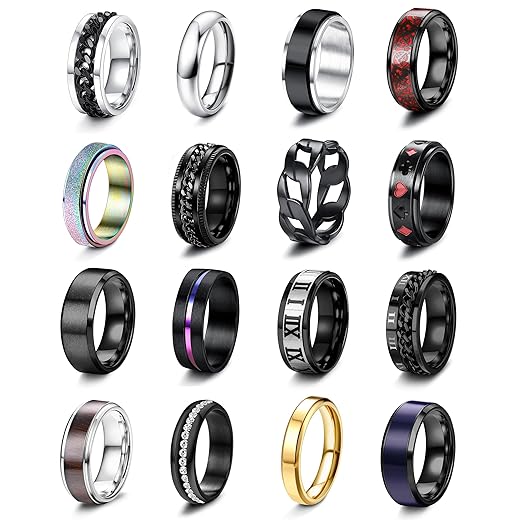 Besteel 16Pcs Stainless Steel Fidget Rings for Men Women Stress Anxiety Relief Rings Black Cool Chain Band Spinner Rings Set for Wedding Promise Mens Rings Pack