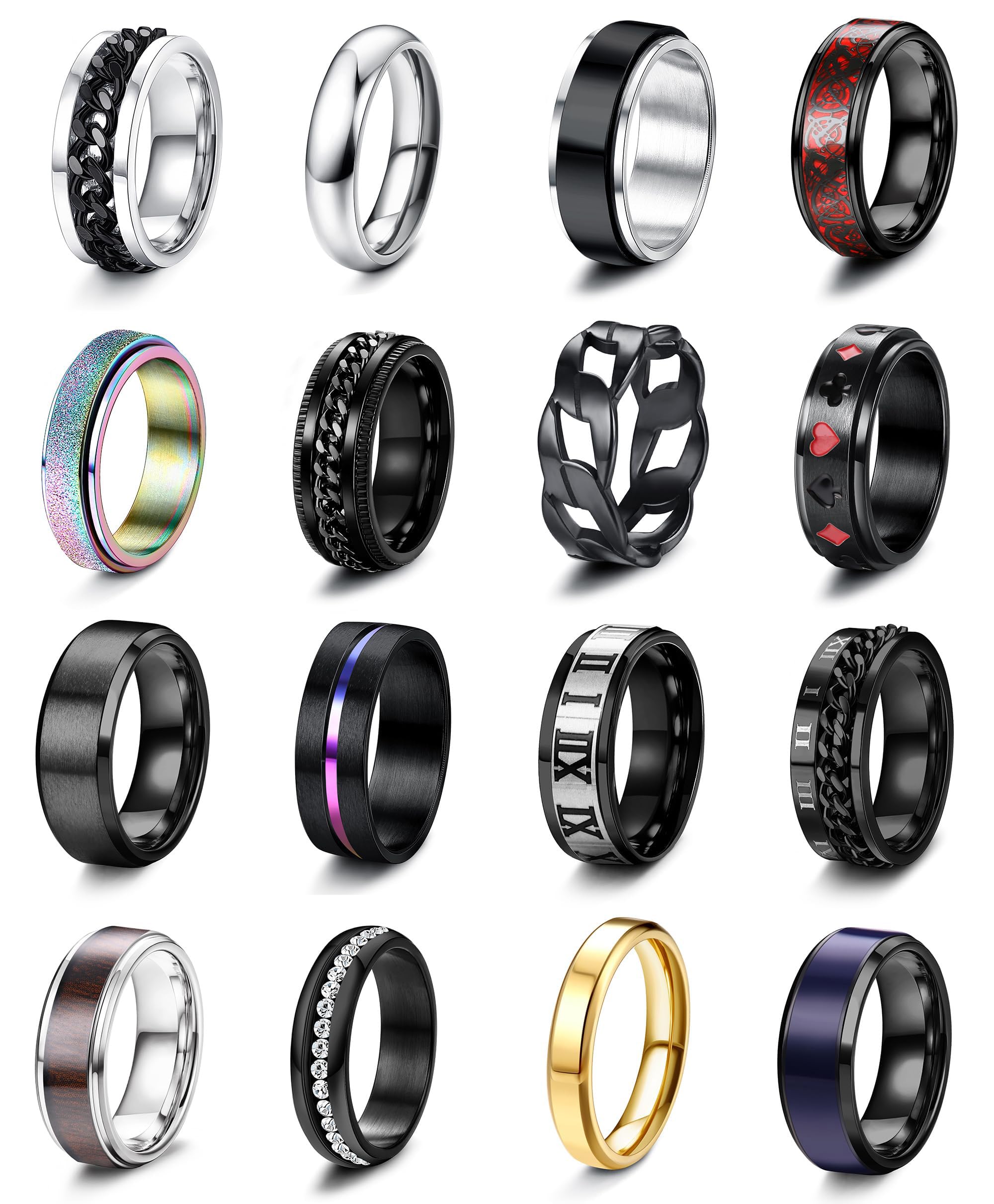 16Pcs Stainless Steel Fidget Rings for Men Women Stress Anxiety Relief Rings Black Cool Chain Band Spinner Rings Set for Wedding Promise Mens Rings Pack Christmas Stocking Stuffers Gifts