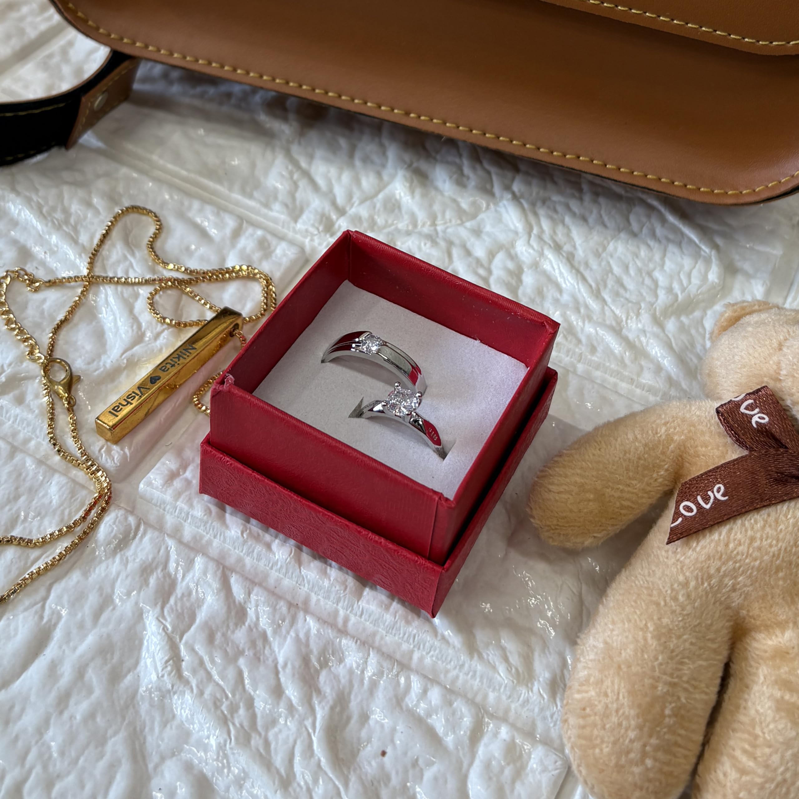 Nupur Studios Personalized Brown Leather Crossbody Bag with Gold Nameplate and Pendant, Gift Set with Teddy Bear and Rings Valentine Gifts, Gift Ideas, 2