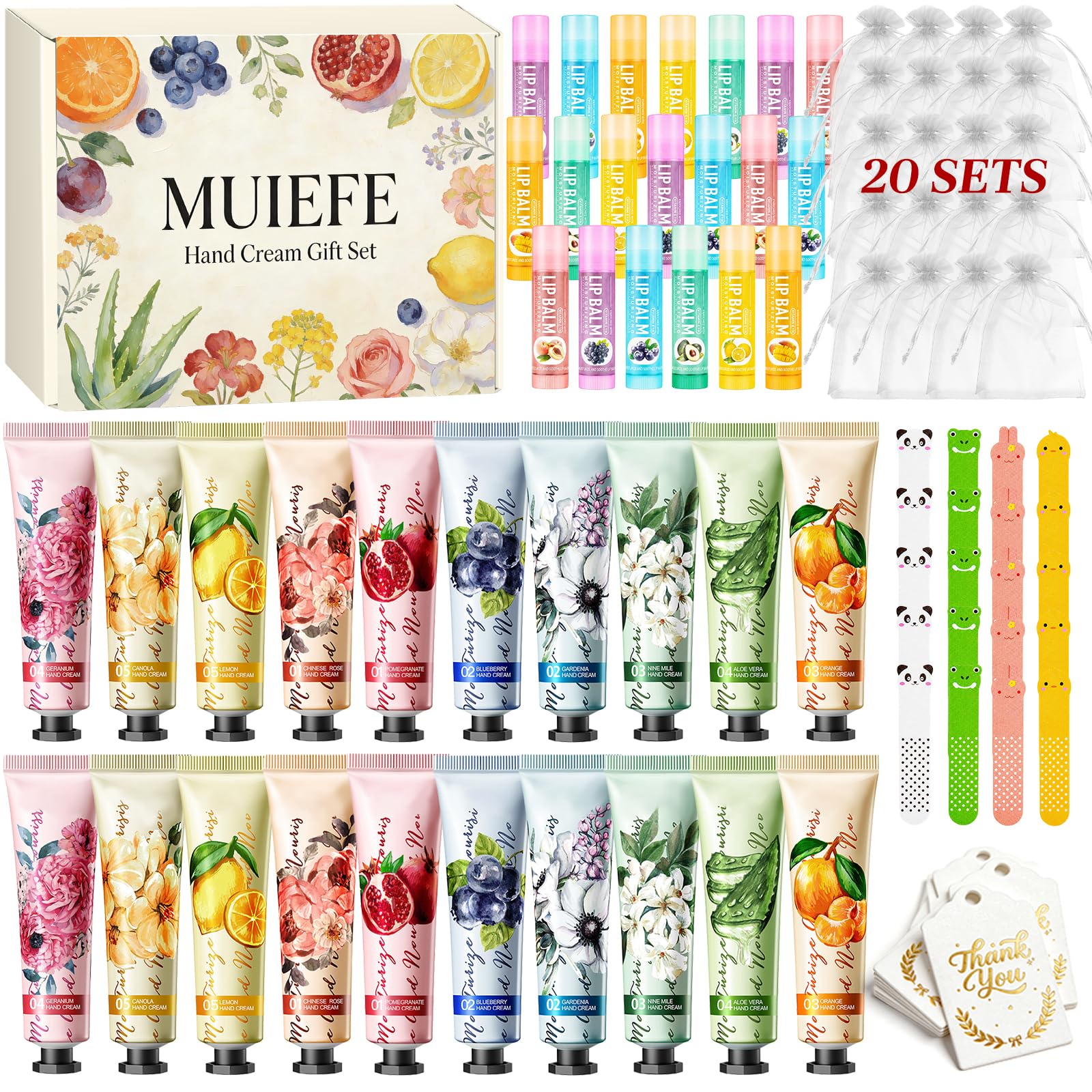 100Pcs Mini Crèmes pour les Mains, Coffret Crème de Mains pour Femme, Coffret Cadeaux Incluant Crèmes pour les Mains, Baumes à Lèvres, Mini-Limes à Ongles, Sachets en Organza & Cartes de Remerciement