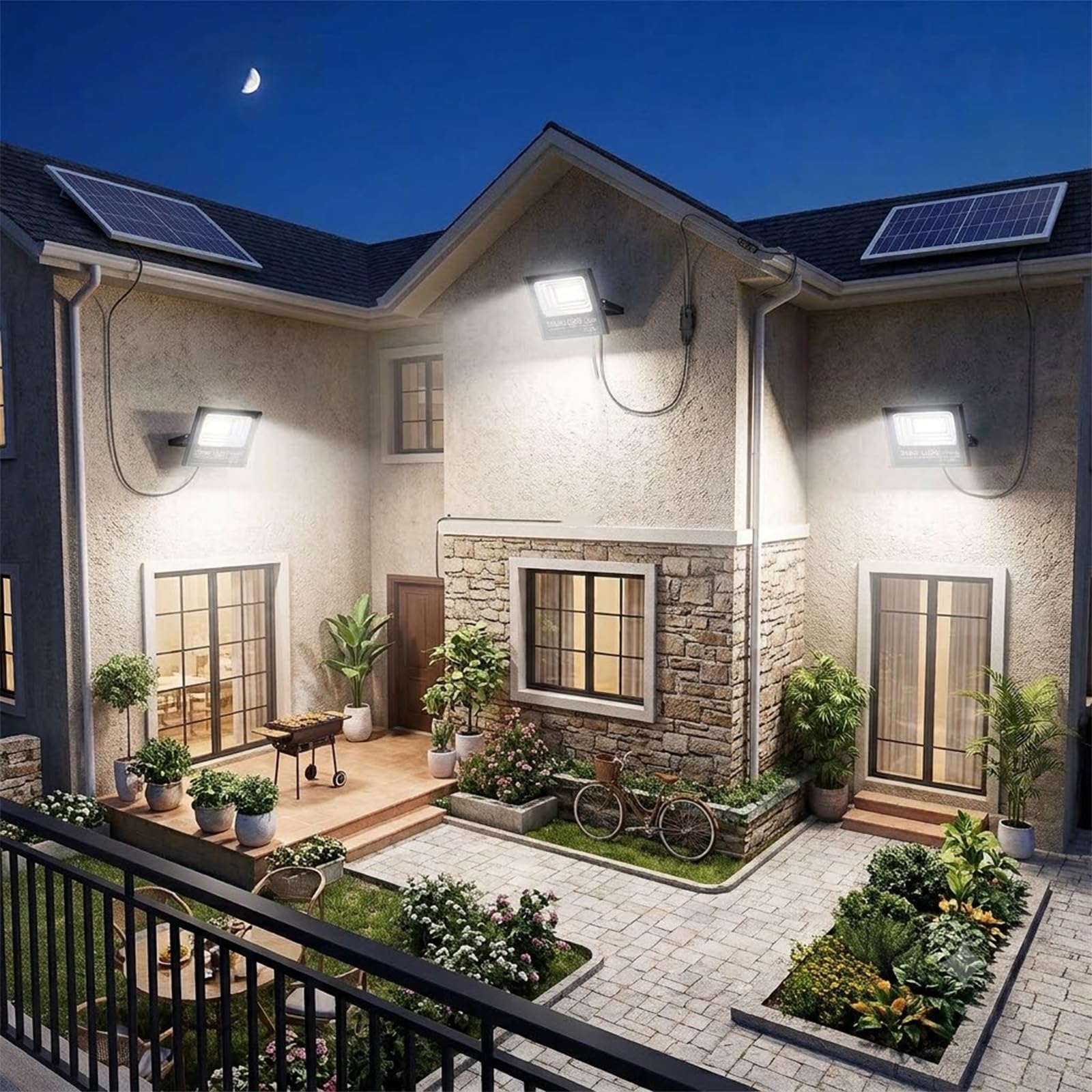 Faro Solare LED 1000W con Pannello Solare, Luce Esterno 6500K Ultra Potente, Sensore Crepuscolare Automatico, Telecomando, IP66 Impermeabile, Faretto da Esterno per Giardino, Cortile, Strada