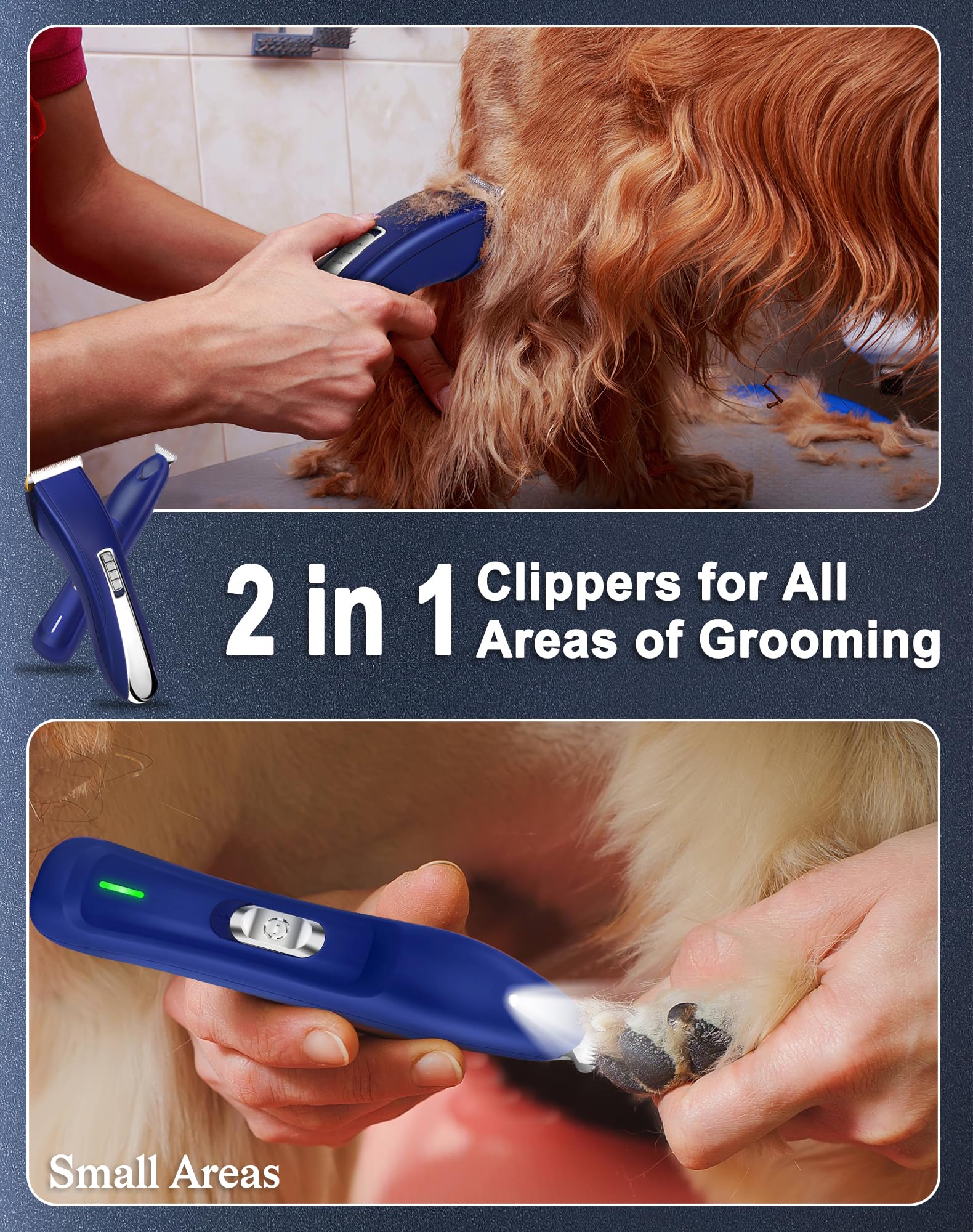 abootoo 2 in 1 Dog Grooming Kit, Low Noise Dog Clippers for Thick Heavy Coats, Professional Cordless Dog Paw Trimmer with LED Light, USB Rechargeable Pet Hair Shaver for Small & Large Dogs Cats Pets
