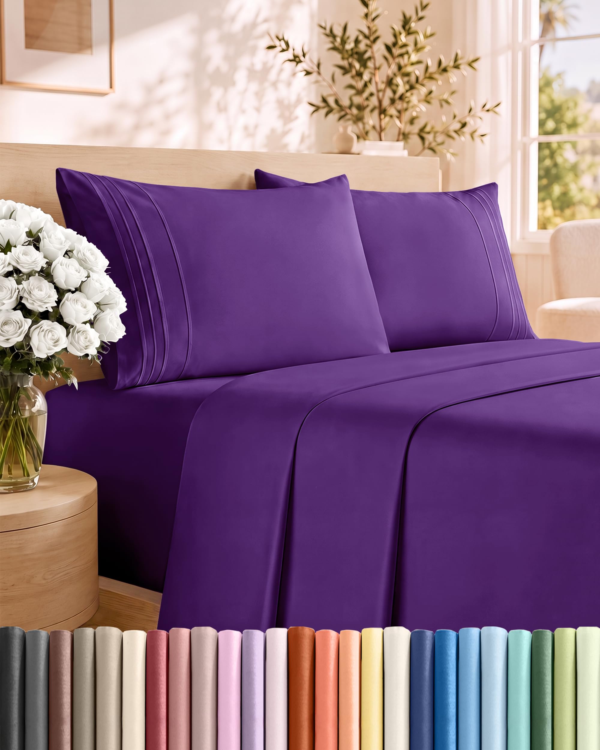 King Size 4 Piece Sheet Set - Comfy Breathable &amp; Cooling Sheets - Purple