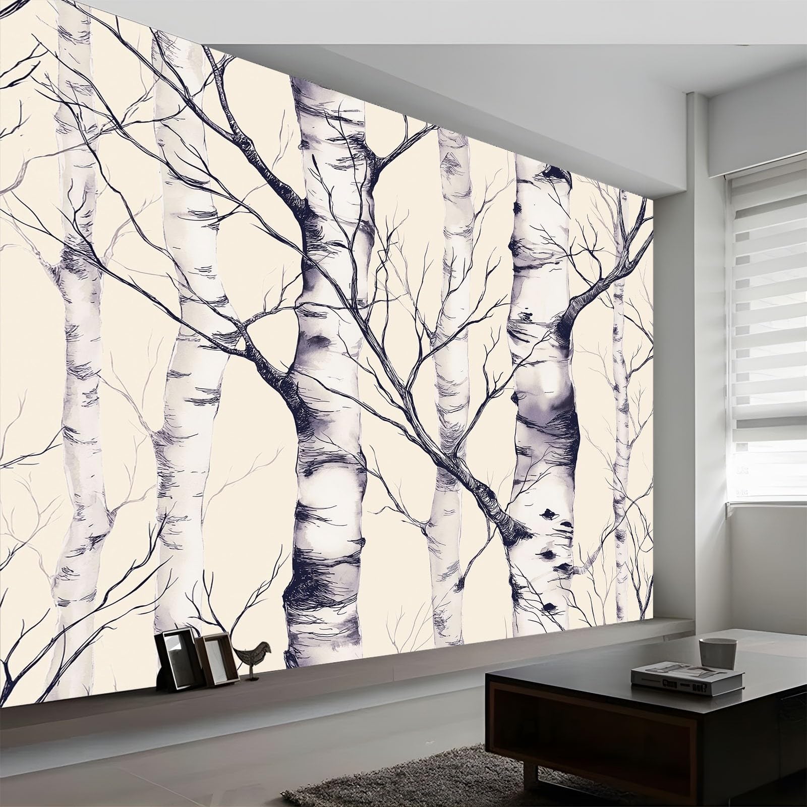 Panoramiczna tapeta w paski lasu brzozowego, tapeta z włókniny akwarelowej biały czarny do sypialni salonu jadalni-200 cm x 140 cm nowoczesna dekoracja ścienna tło