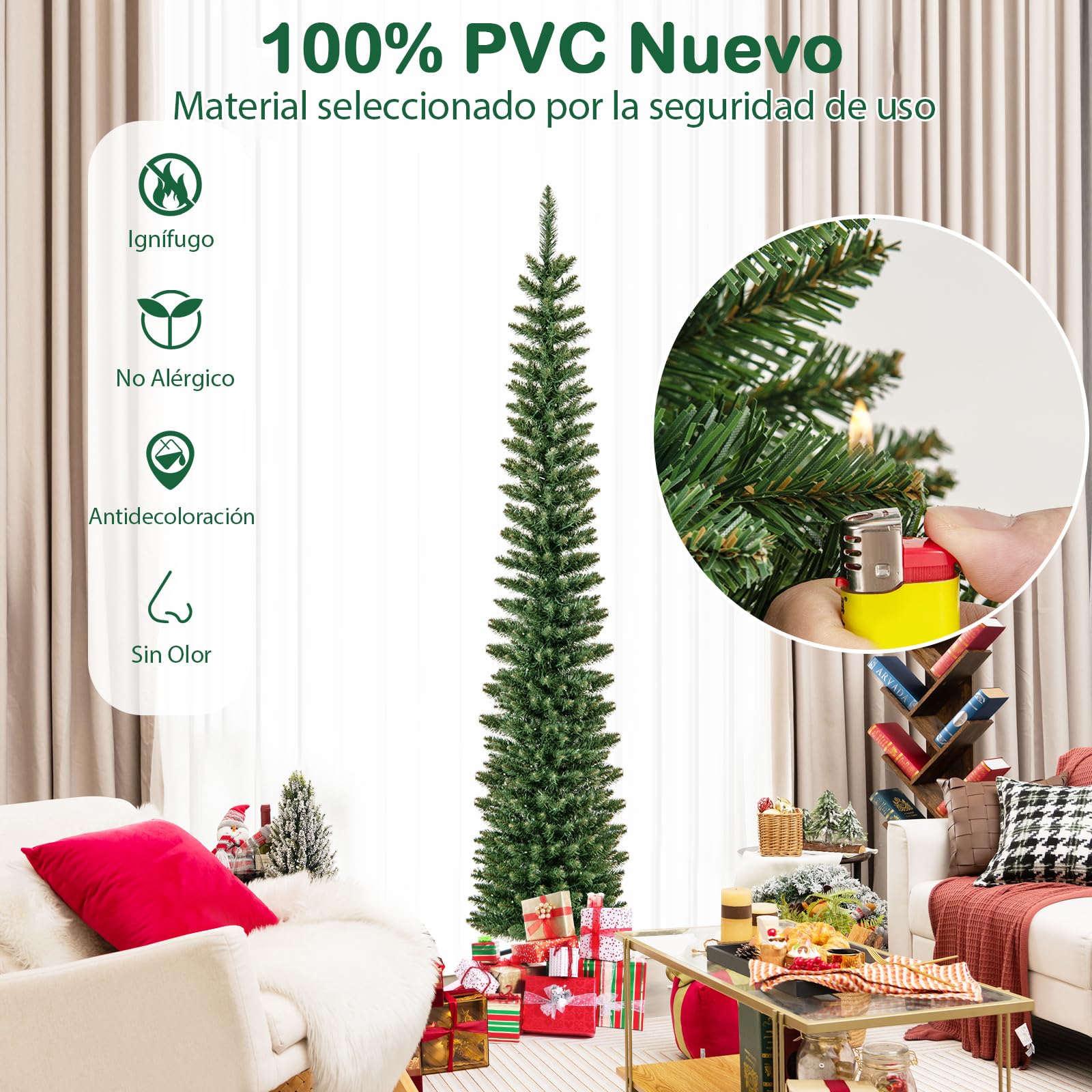 COSTWAY Arbol de Navidad con Luces Incorporadas 210 CM, Arbol de Navidad Slim/Estrecho, 499 Puntas, 200 Luces LED Blancas Cálidas, Arvore de Natal Casa Oficina Escuela Tienda