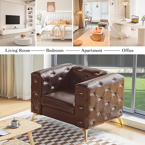 Miniatura 5 de LEVNARY Sillón de cuero, moderno sillón de lectura copetudo con botones y ribete de cabeza de clavo, cómodo sofá Chesterfield tapizado individual