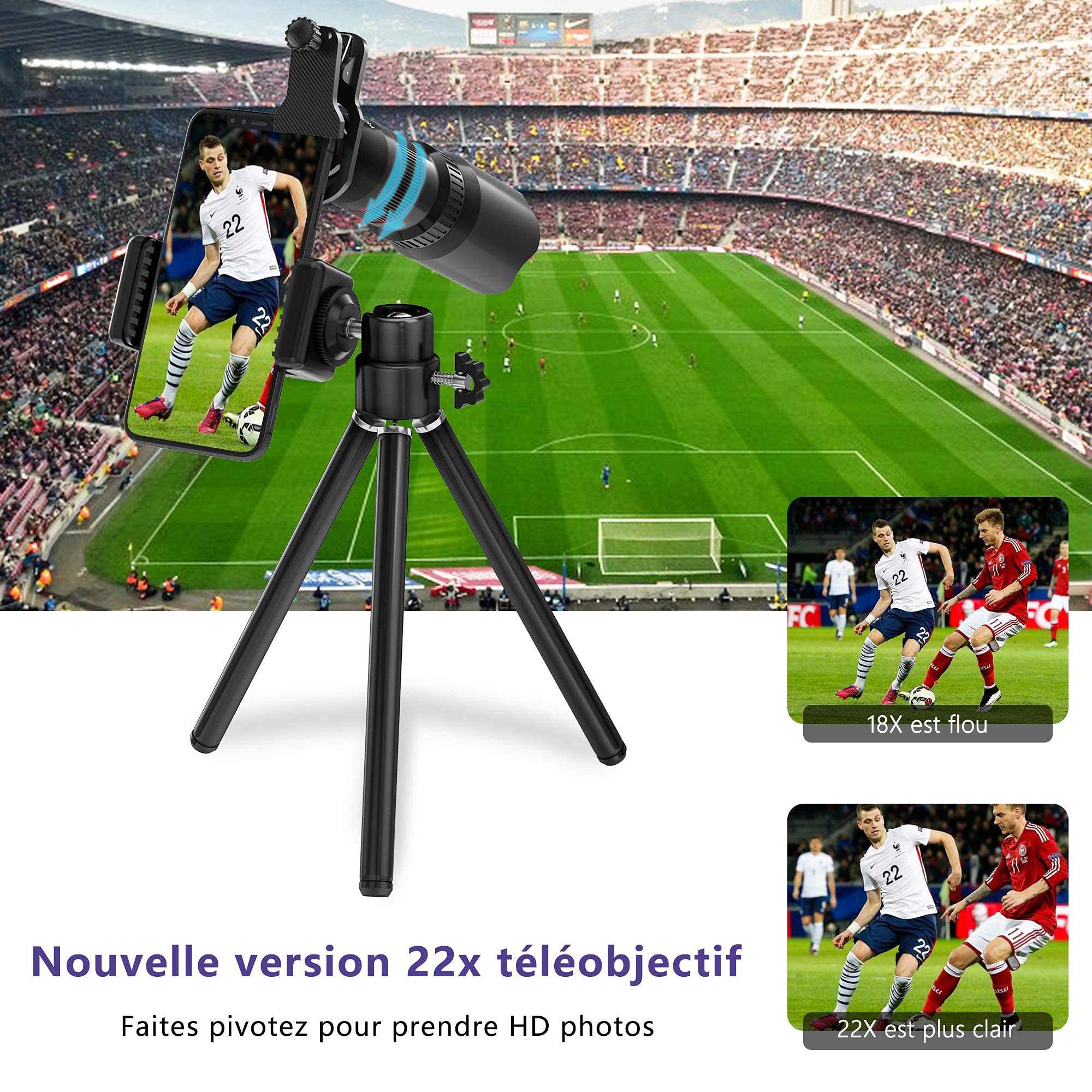 Selvim Objectif Smartphone Téléphone Caméra Lentille Portable Kit Caméra 22X Téléobjectif, 235° Fisheye, 25X Macro Objectif, 0.62X Objectif Grand Angle pour Plupart iPhone, Huawei, Samsung