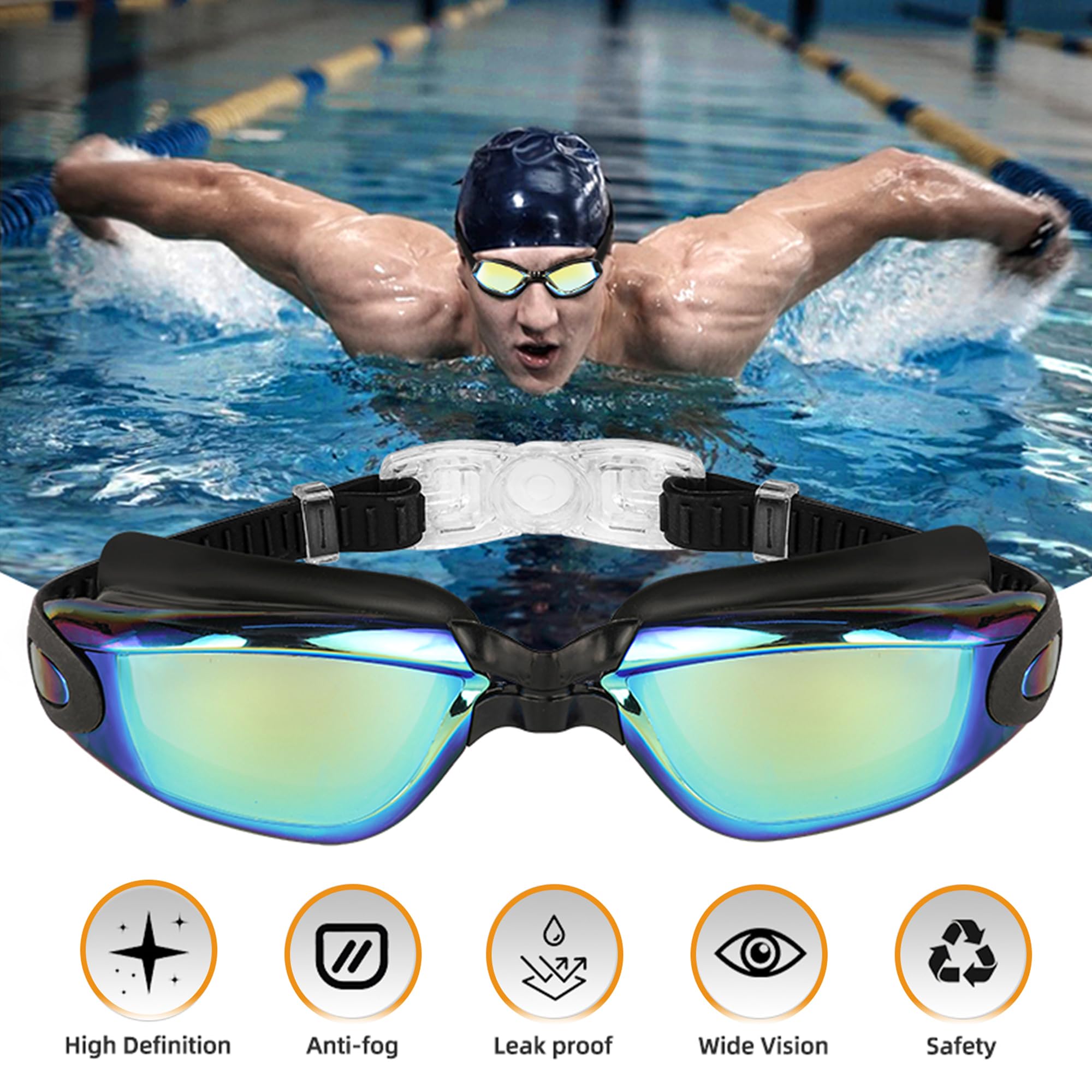 yenlk Swimming Goggles, Attached Ear Plugs for Adult Men Women And Kids 8+, No Leaking, Anti Fog, UV Protection - Image 2