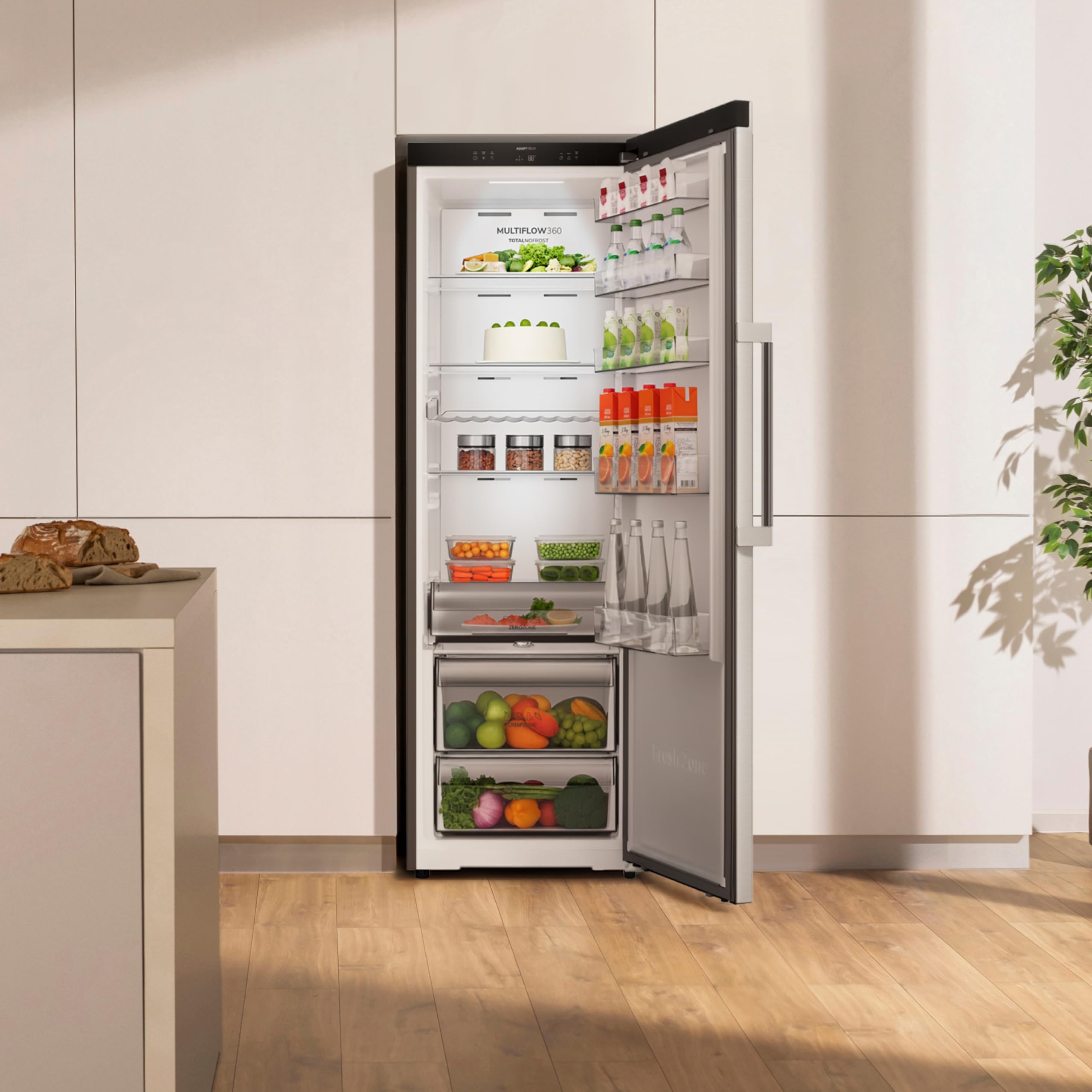 Gorenje RN618D6X6WF Kühlschrank, 372 Liter, SmartFit, 185cm Höhe, CrispZone mit Feuchteregler, Wifi, Flaschenhalter, Easy-open Griff, Inverter, BxHxT: 59,5×185,6×60 cm, Edelstahl