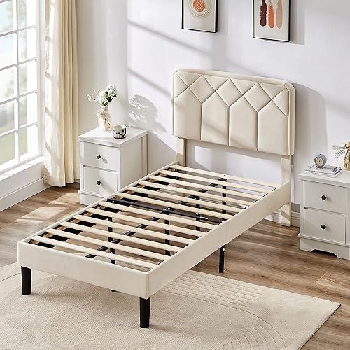 Miniatura 7 de VECELO Base de cama tamaño individual con plataforma tapizada de cuero de alta calidad con cabecera ajustable en altura / base de colchón, soporte