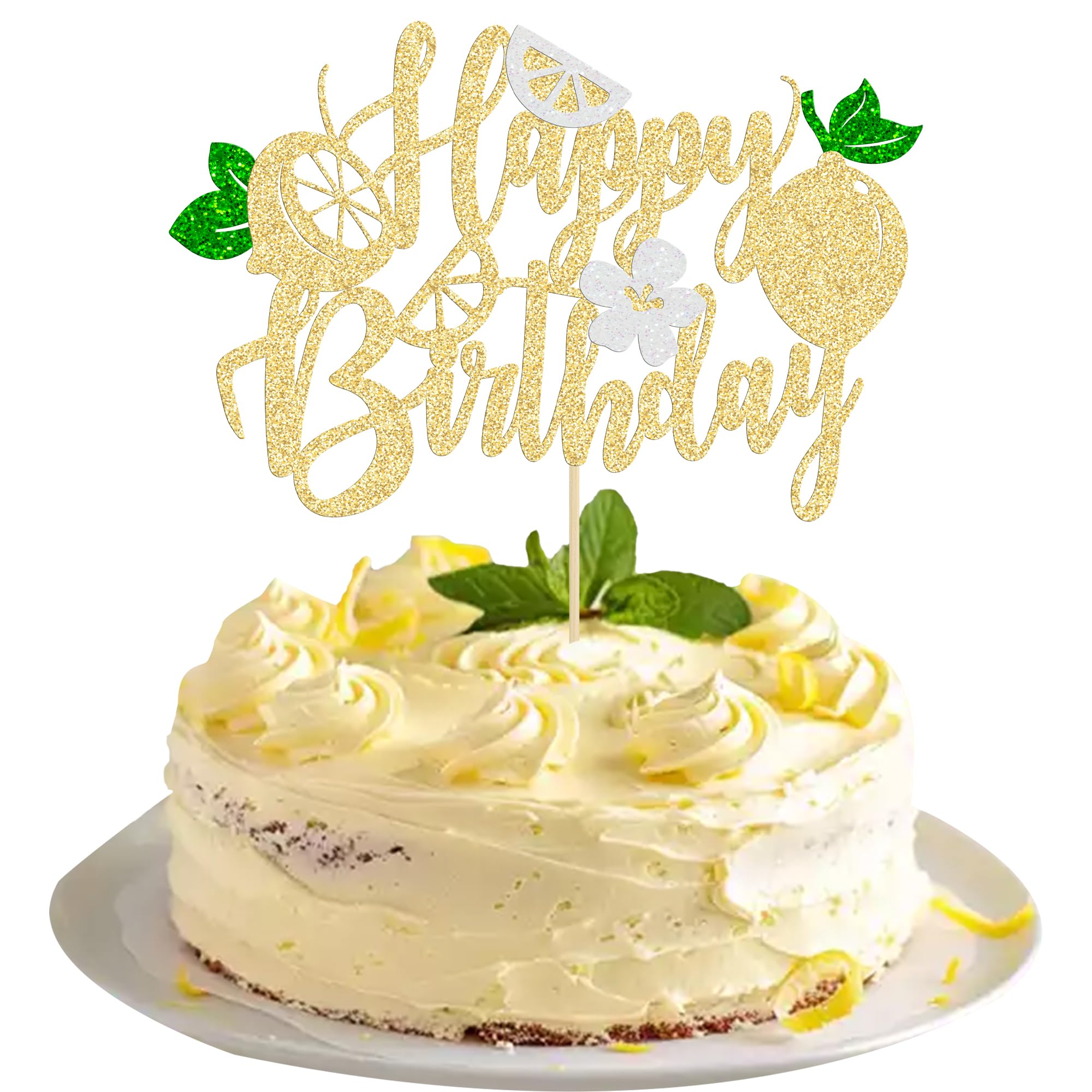 Ephlyn 1Pc Lemon Happy Birthday Cake Topper Assembled Glitter Fruit Theme Lemonade Party Cake Pick Decorations for Lemon Theme Baby Shower Kids Boys Girls Birthday Party Supplies Gold 1