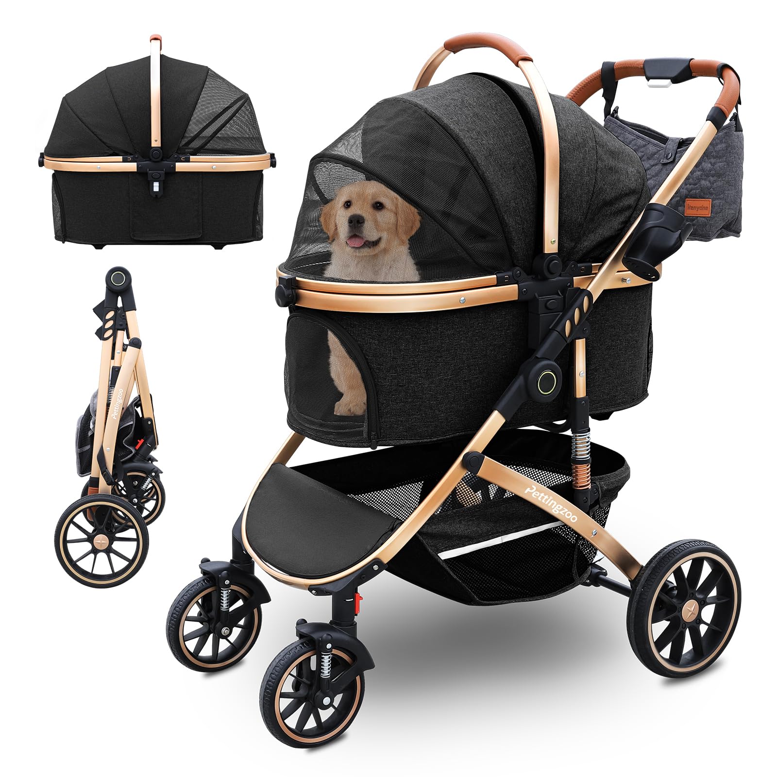 Hundewagen mit 4 Rädern, hundebuggy große Hunde & Katzen Hundebuggy bis 30kg, Hunde katzenwagen für 2 Katzen 360° Verschleißfeste Gummiräder Netzfenstern 3-in-1 multifunktio