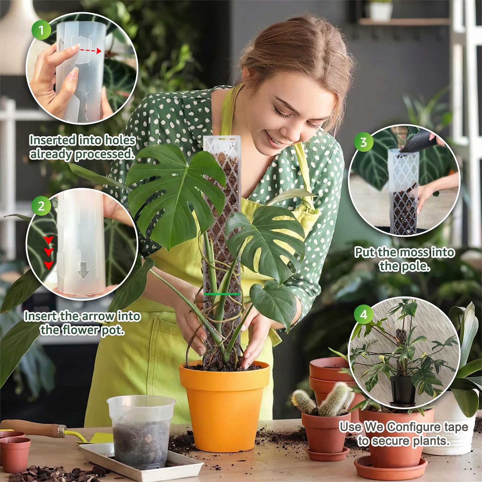 Sisher Monstera Moosstange aus Kunststoff, für Kletterpflanzen, 40,6 cm, D-förmige Stangen, stabile Pflanzenstützpfähle, Pflanze für Indoo Pflanzen, Weiß, 4 Stück