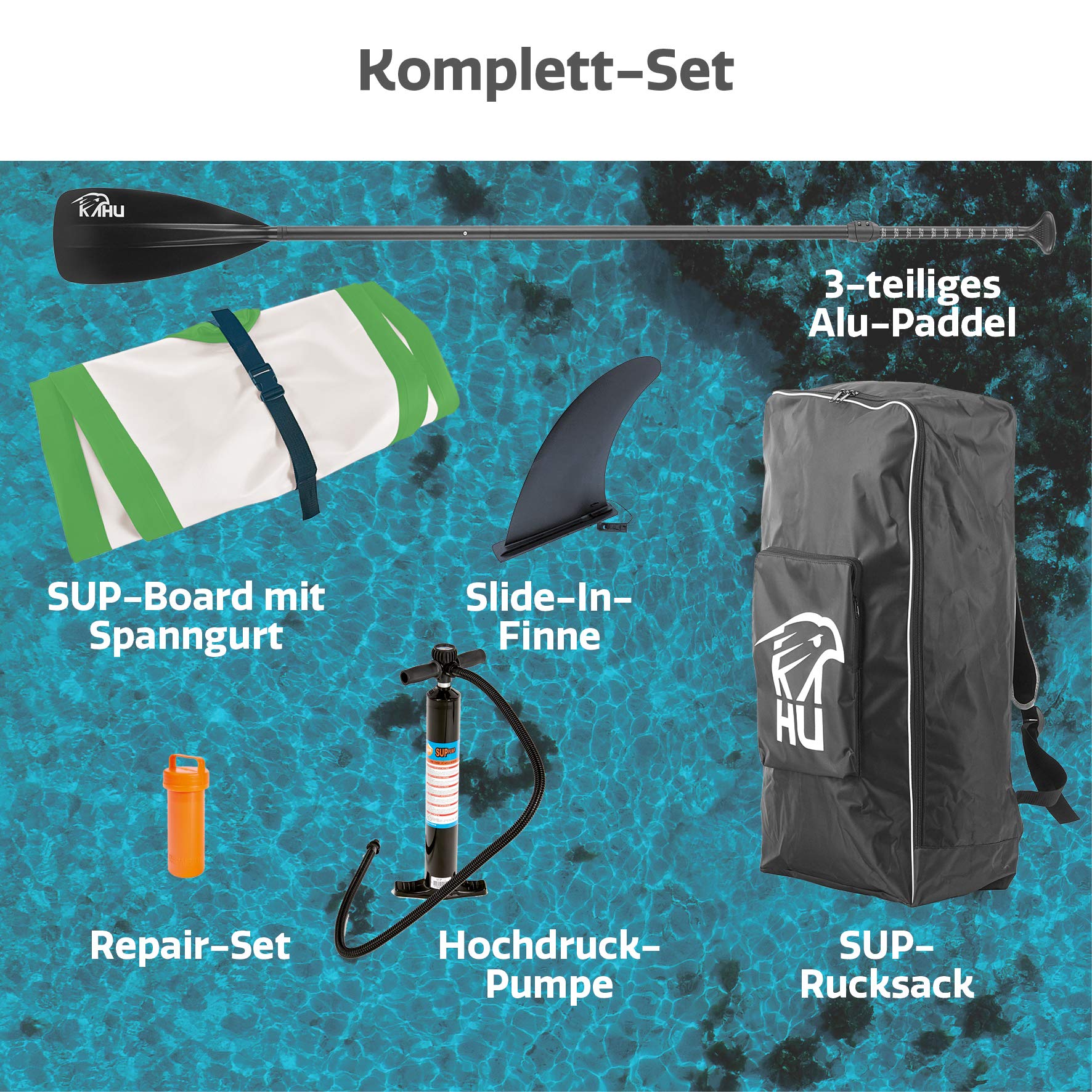 KAHU® Joy 9’8’’ Stand up Paddling Board – aufblasbares iSUP Board komplett Set inkl. Alu-Paddel und Pumpe - Allroundboard für Einsteiger – 15cm Dick – 120kg Traglast – Kajak Sitz als Zubehör – Grün
