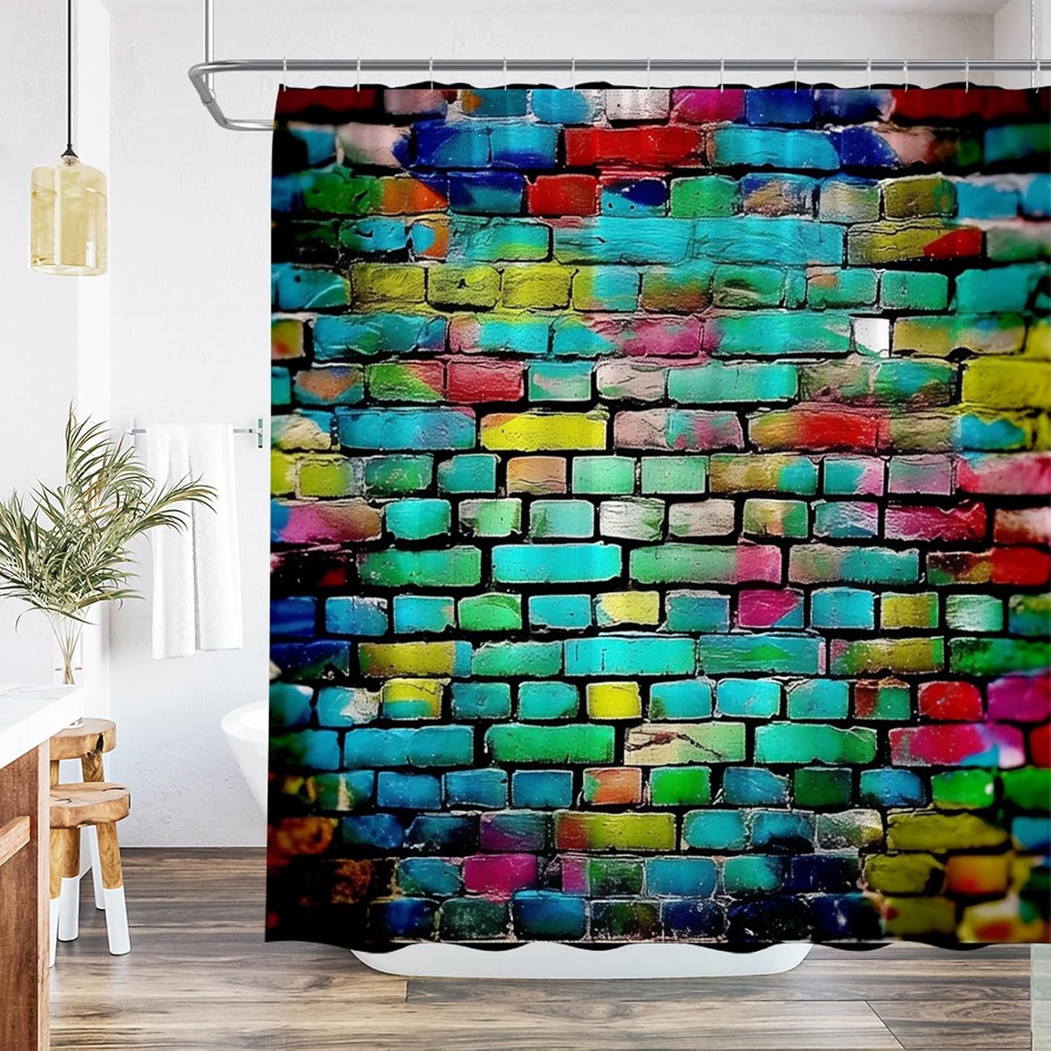 Colorful Brick Wall Shower Curtain Multicolor Rainbow Cool Fun Aesthetic Retro Abstract Marble Decor Bathroom Accessories Set Polyester with Hooks 90Wx70H Inch