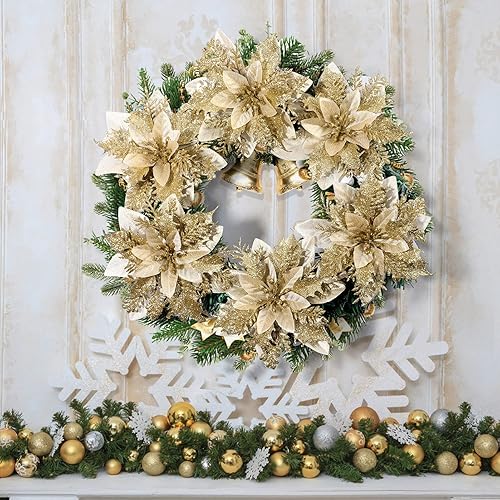 Miniatura 23 de Flores de Pascua de Navidad, 12 flores de Pascua artificiales, adornos dorados para árbol de Navidad con tallos y clips para coronas de Navidad