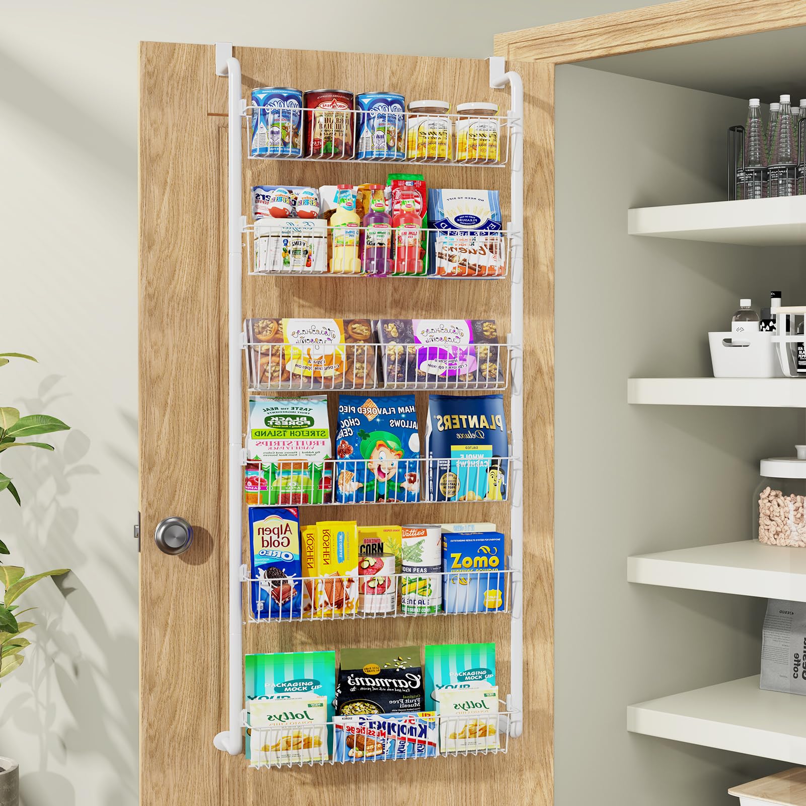 Over The Door Pantry Organizer, 6-Tier Pantry Organization and Storage, Metal Hanging Spice Rack for Pantry Door, Kitchen, Laundry, Bathroom Organization, Back of Door Seasoning Rack, White
