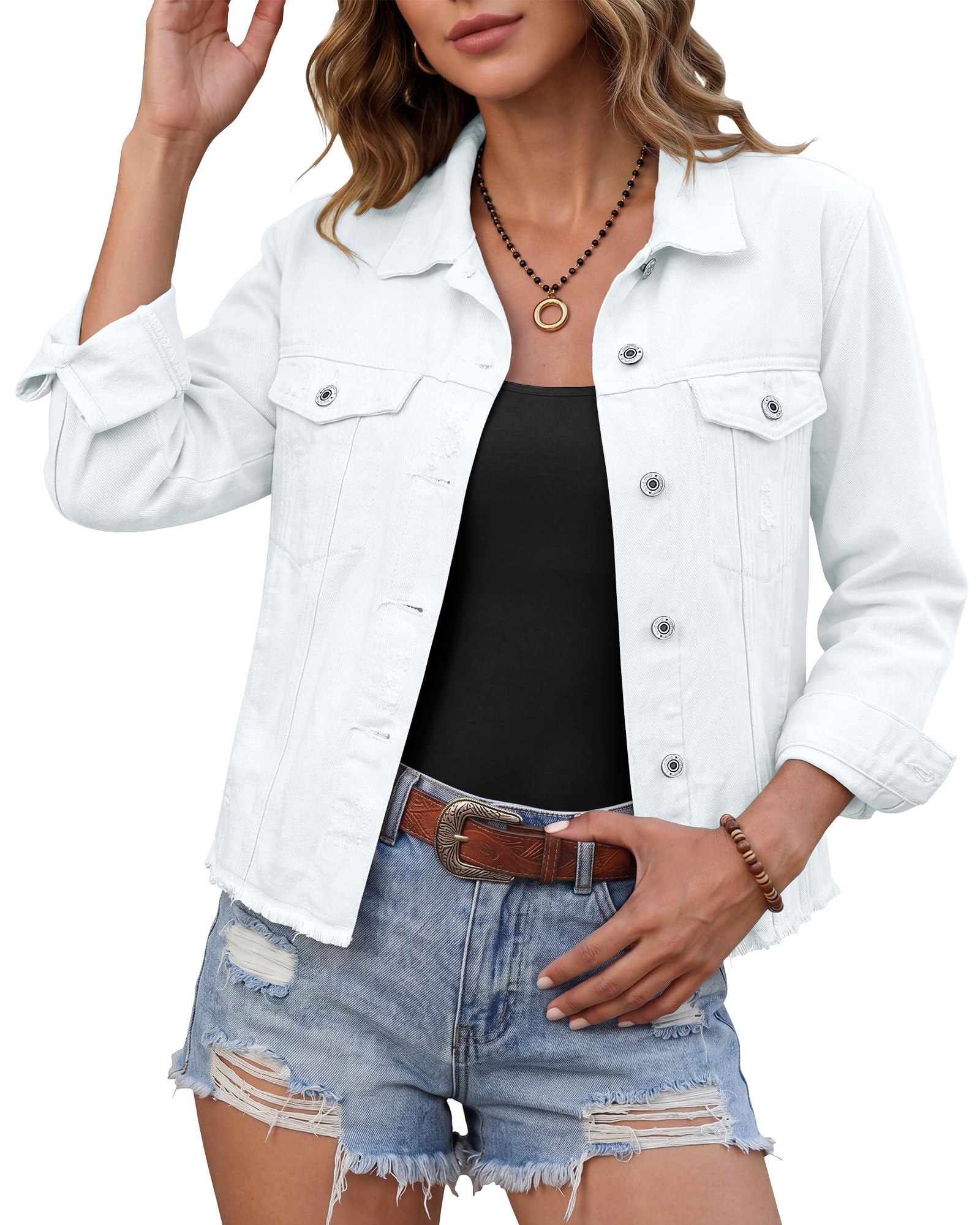luvamia Denim Jacket for Women Distressed Jean Jackets Button Up Vintage Western Trucker Jacket Frayed Hem Pockets