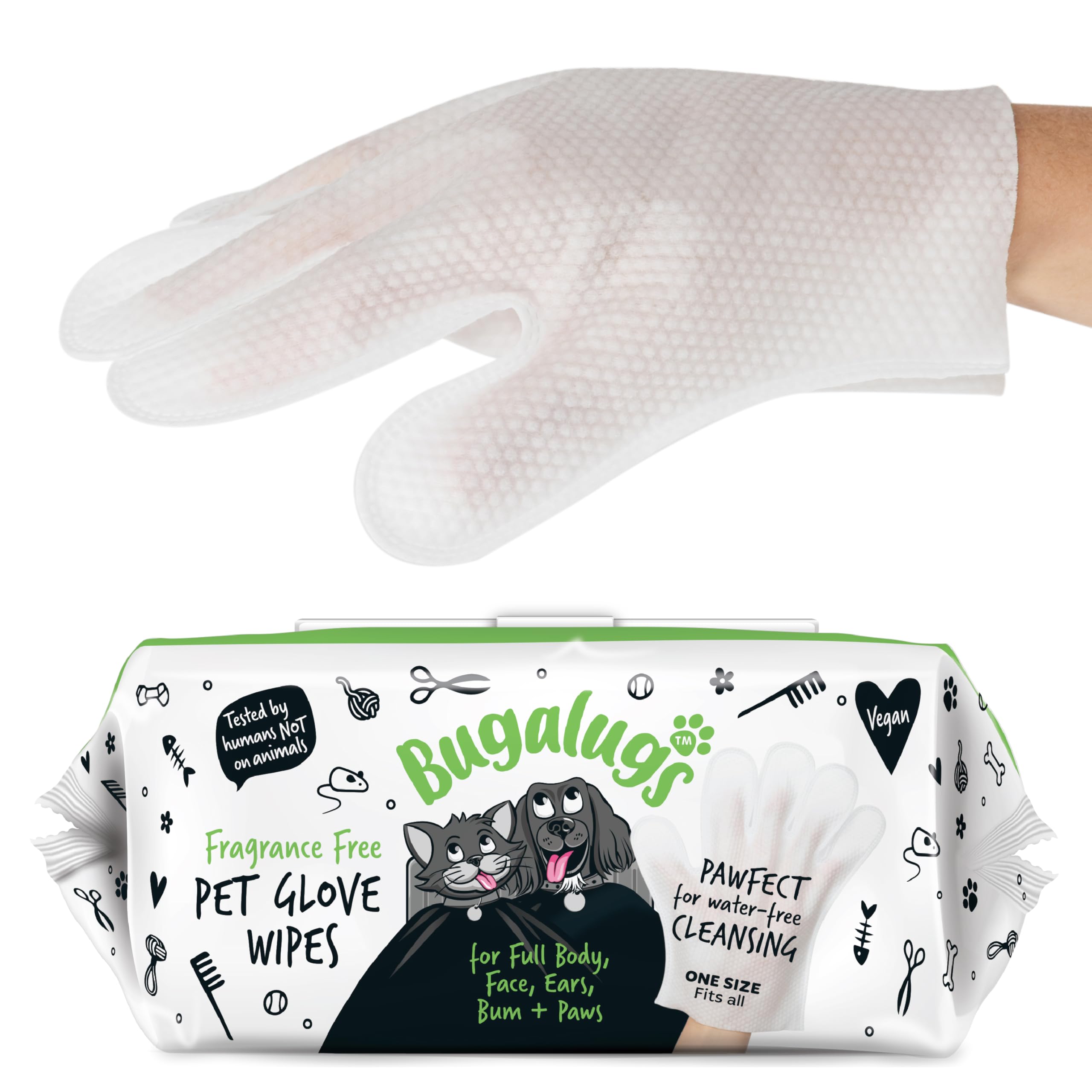BUGALUGS Dog Glove Wipes, pet wipes for full body, eye wipes, ear wipes, bum & paws. 30 sensitive dog grooming glove wipes for dogs, puppy & cat grooming, One size fits all (Fragrance Free)