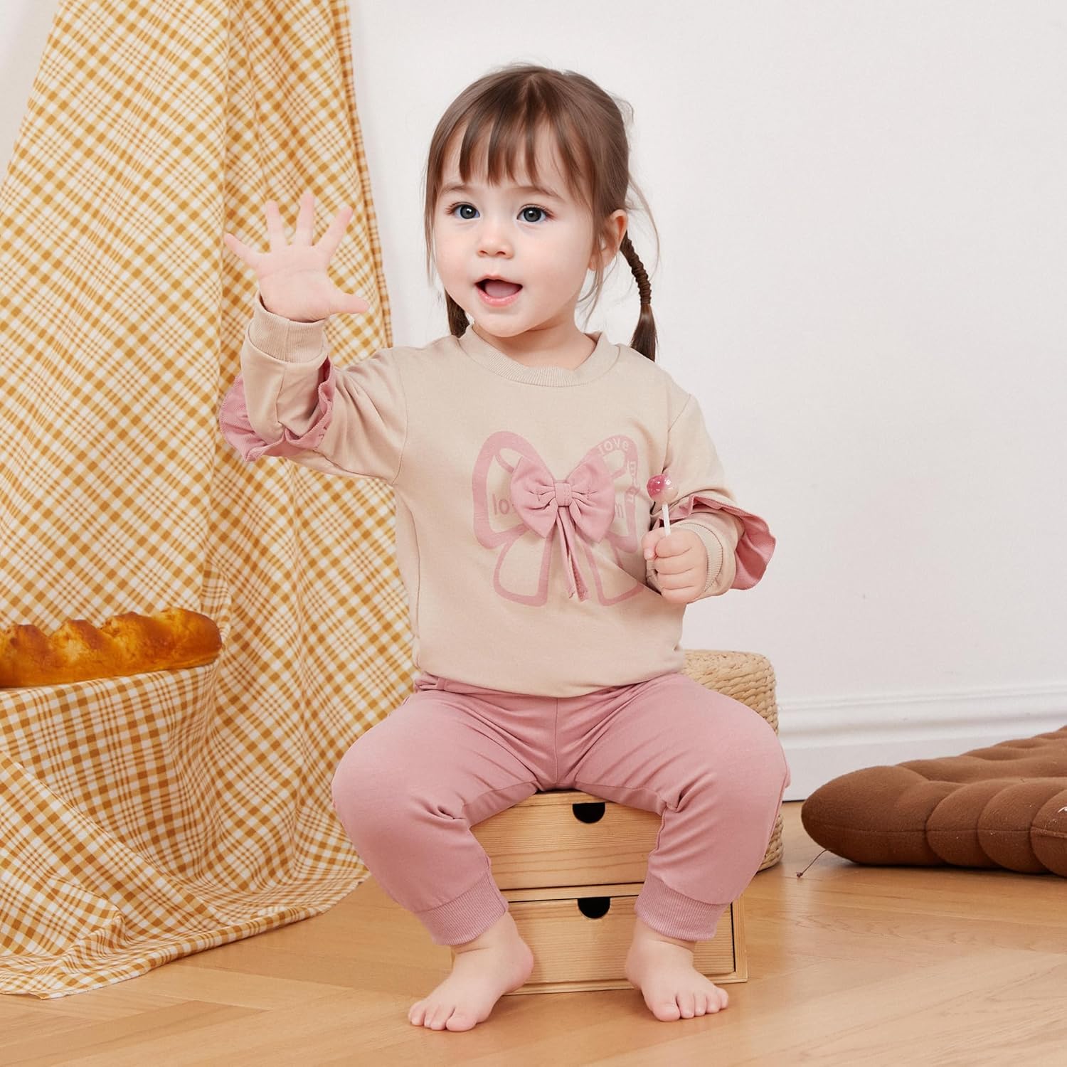 Kupretty Baby Girl Clothes Toddler Fall Winter Outfit Ruffles Crewneck Bow Pullover Sweatshirt + Joggers Pants Set - Image 2