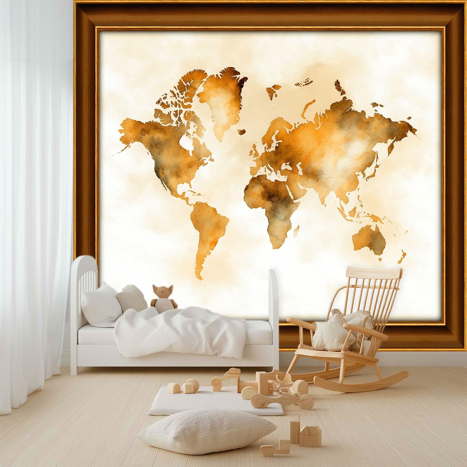 Tapeta ścienna sypialnia akwarela mapa świata stare drewno rama 250 x 175 cm, plakat ścienny obrazy ścienne biały gobelin salon pokój dziecięcy tło tapeta panoramiczna