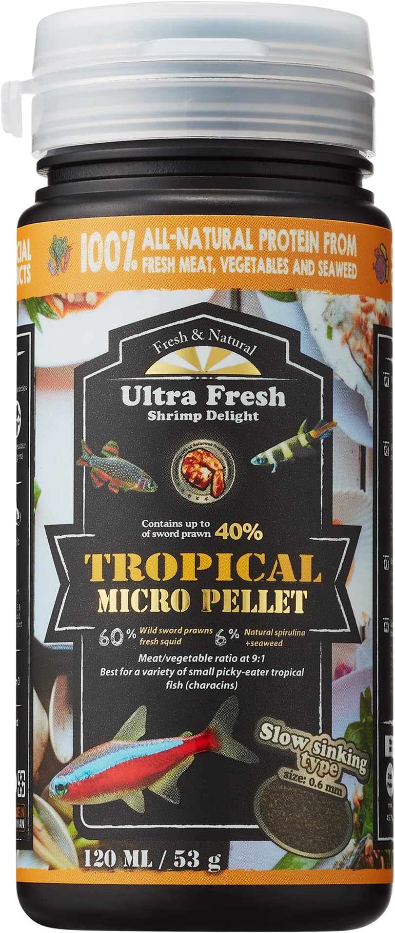 Ultra Fresh Tetra Fish Food, Slow Sinking, All Natural Ingredients, Wild Sword Prawns, Spirulina, Color Enhancement, Small Granules , Tropical Micro Pellet 1.87 oz