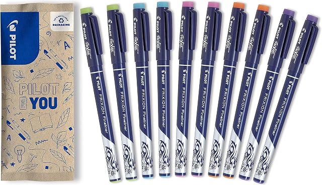 Pilot Frixion Fineliner, Erasable Fineliner, Set of 10, (Light Green, Light Blue, Pink, Orange, Purple)