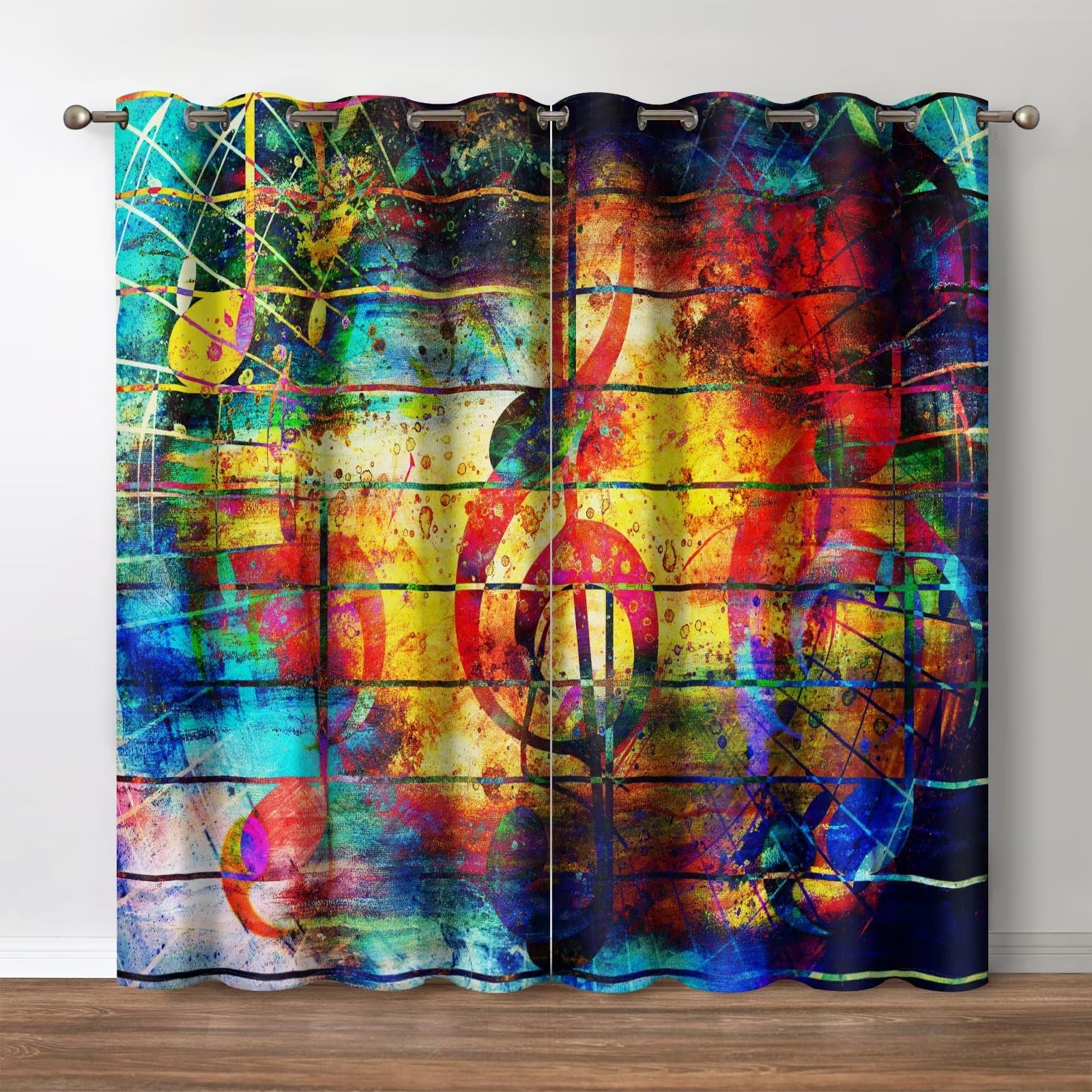 Photo 1 of Jekeno Music Note Blackout Curtains, Farmhouse Magic Musical Notes Fabric Decor, Rustic Retro Art Piano Violin Theme Grommet Window Drapes for Bedroom Living Room, 52 Wide 84 Long inches 2 Panels