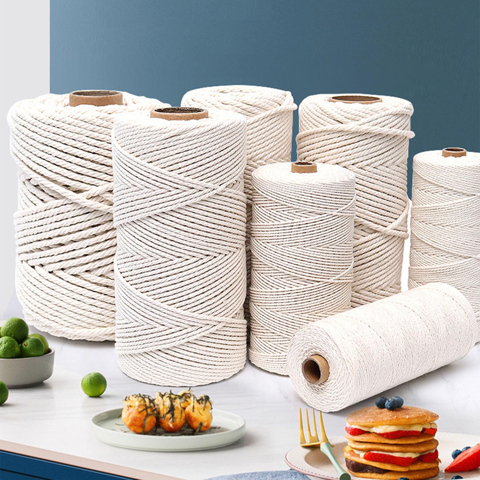 3 Rollen Makramee-Kordel 3 mm/4/5/6 mm x 300 m, natürliches Makramee-Seil, Baumwollschnur, 4 Stränge, gedrehtes, weiches Terrassenseil zum Aufhängen an der Wand, Heimwerken,Beige-5 mm