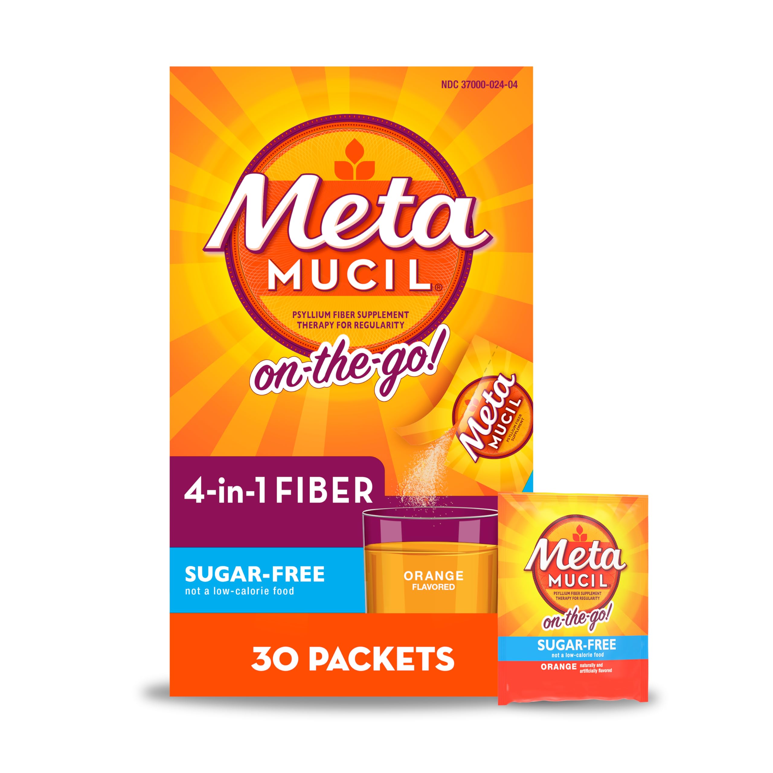 Metamucil On-The-Go, Psyllium Husk Fiber Supplement, 4-in-1 Fiber for Digestive Health, Sugar Free, Orange Flavor, 30 Count x 2 Packs (60 Count Total)
