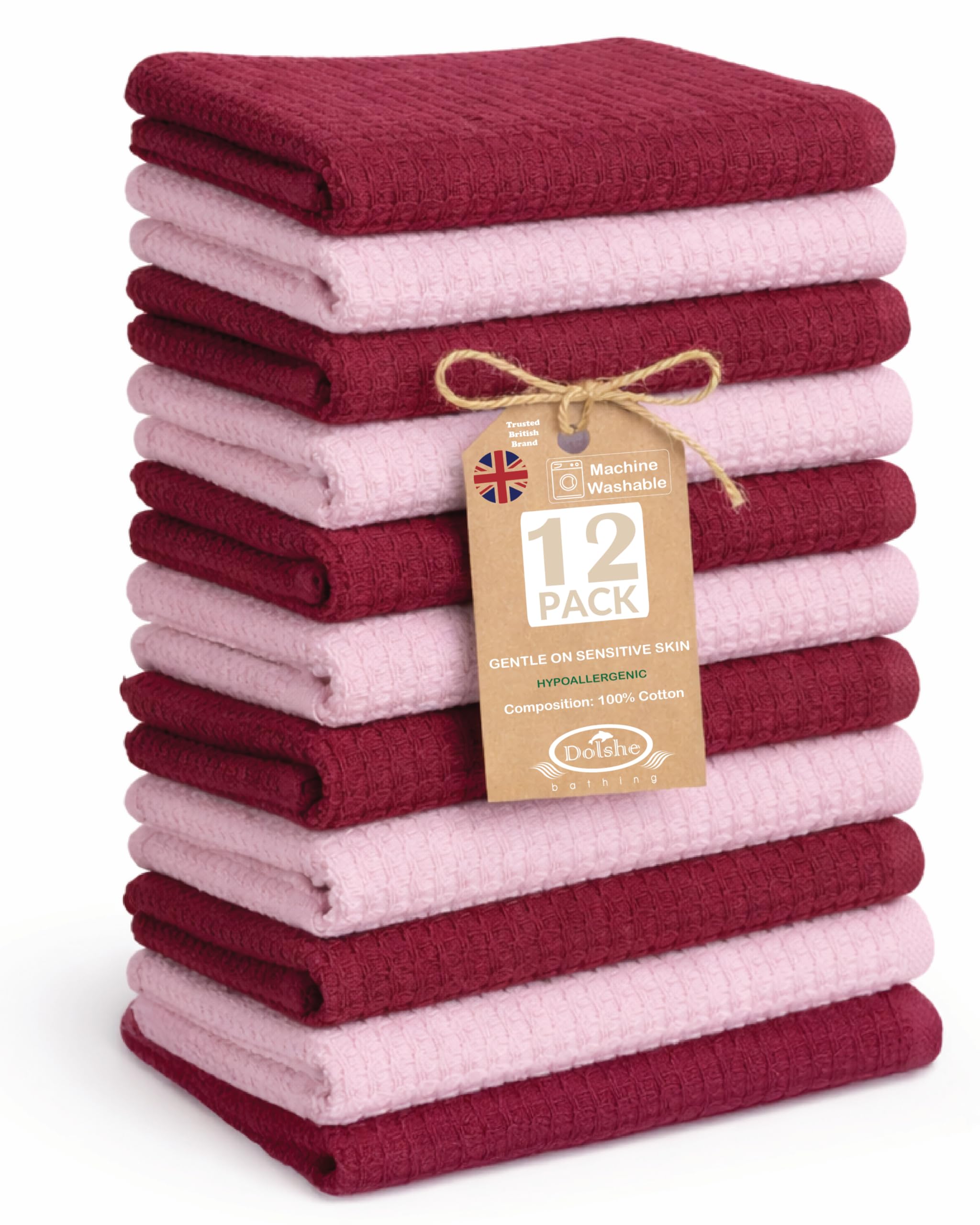 Dolshe 12 Pack Pink & Dusty Pink 100% Cotton Waffle & Terry Face Cloths 30 x 30 cm 420 GSM – Soft RingSpun Reversible Wash Cloths for Sensitive Skin Quick Dry Highly Absorbent