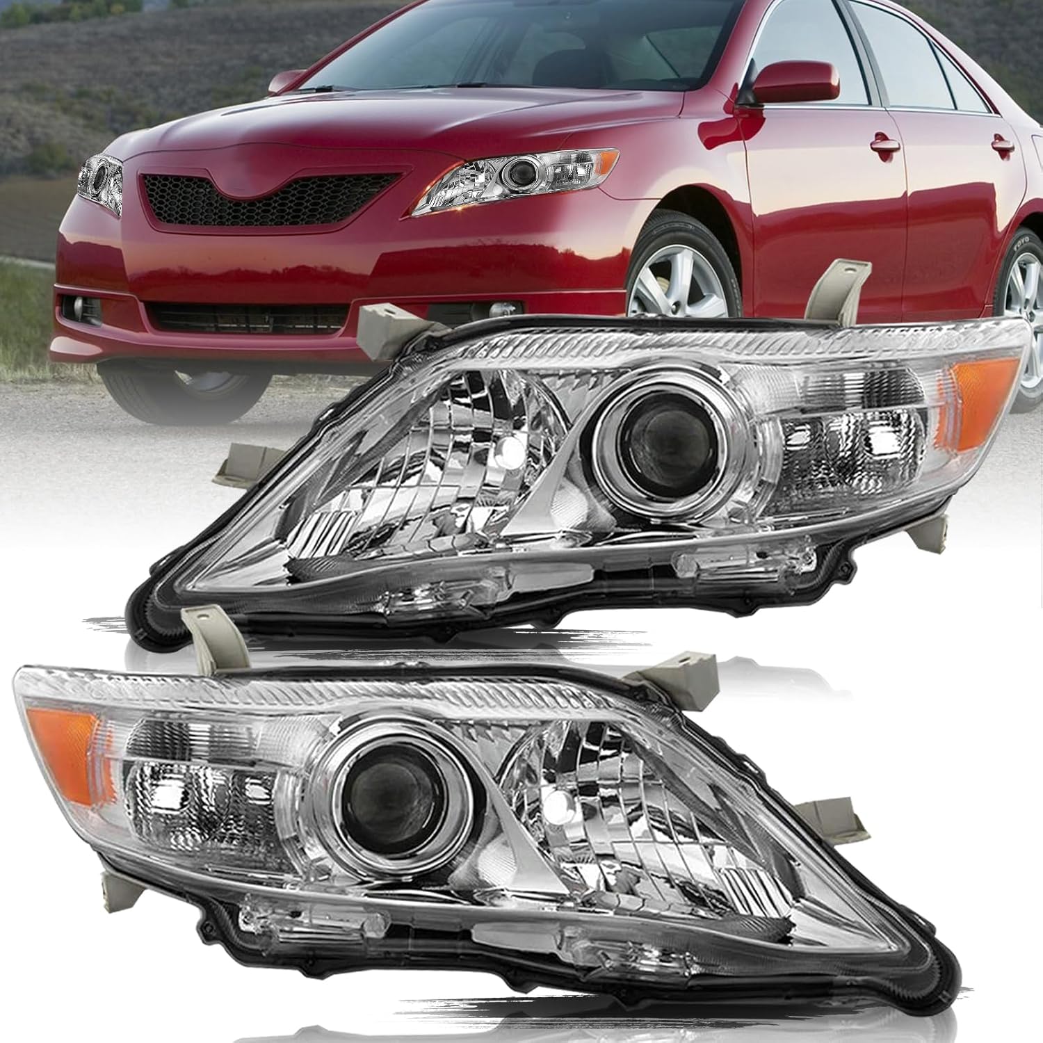 Aosky Headlight Assembly Compatible with 2010 2011 Toyota Camry Factory Halogen Projector Headlamp Driver and Passenger Side (Chrome Housing with Amber Reflector)