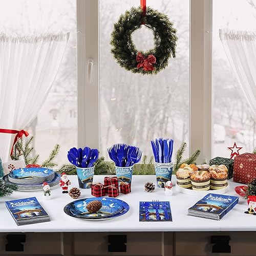 Miniatura 5 de Suministros para fiestas de Navidad, juego de platos y servilletas de Navidad, platos de papel desechables de Jesús para la noche santa de Jesús,
