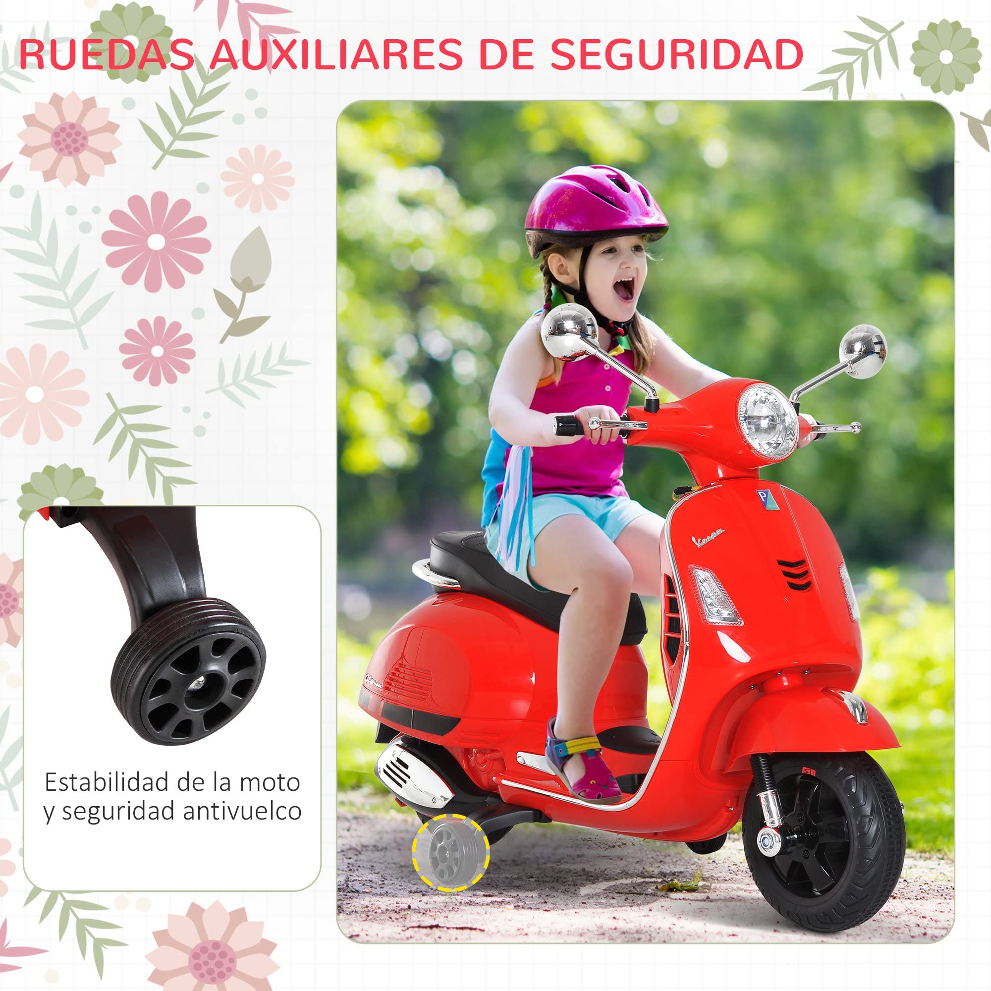HOMCOM Moto Eléctrica para Niños 3-6 Años Vespa Batería Música 2-3 km/h Bocina Rojo