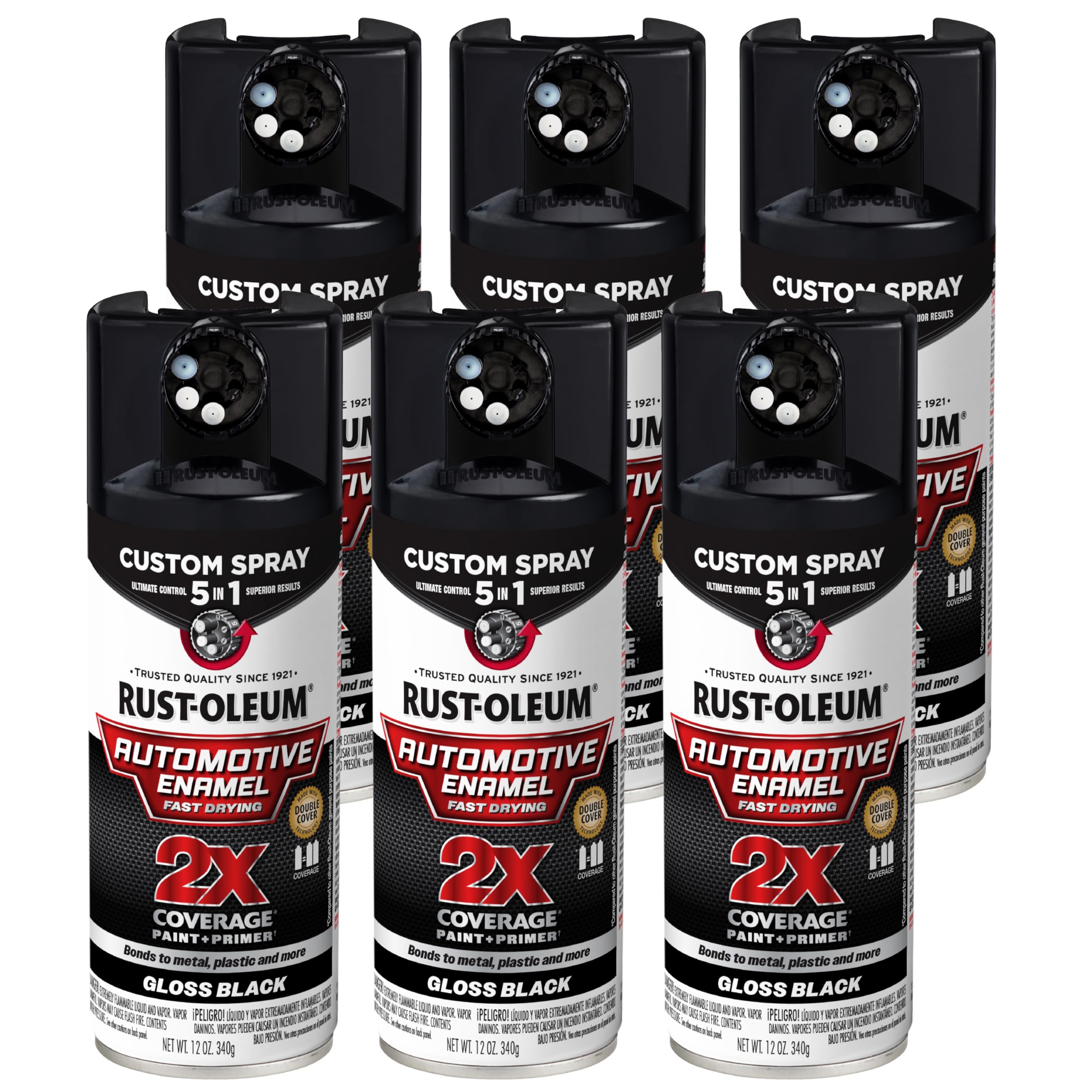 2X Automotive Enamel Custom Spray 5-in-1 Spray Paint, 12 oz, Gloss Black, 6 Pack